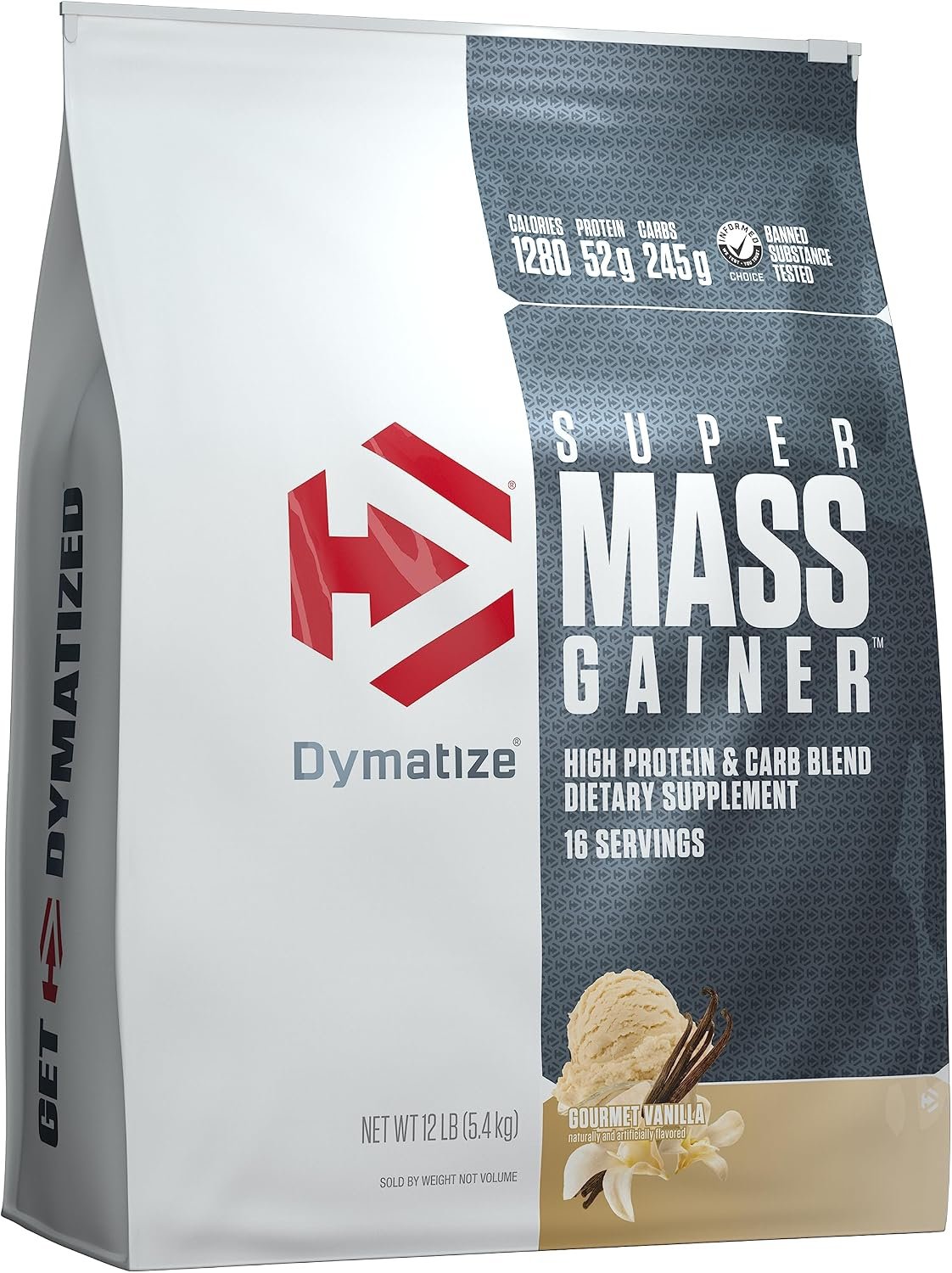 Dymatize Super Mass Gainer Protein Powder, Gourmet Vanilla, 52g Protein, 1g Creatine, 1280 Calories, 10.7g BCAAs, 245g Carbs, Contains Whey Protein, Isolate, and Casein (16 Servings)