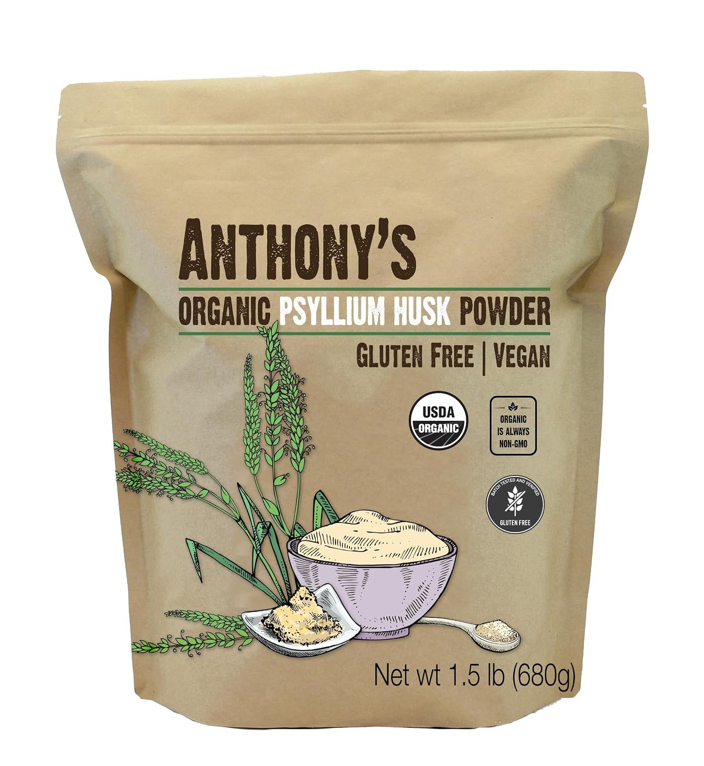 Anthony’s Organic Psyllium Husk Powder, 1.5 lb, Gluten Free, Non GMO, Finely Ground, Keto Friendly