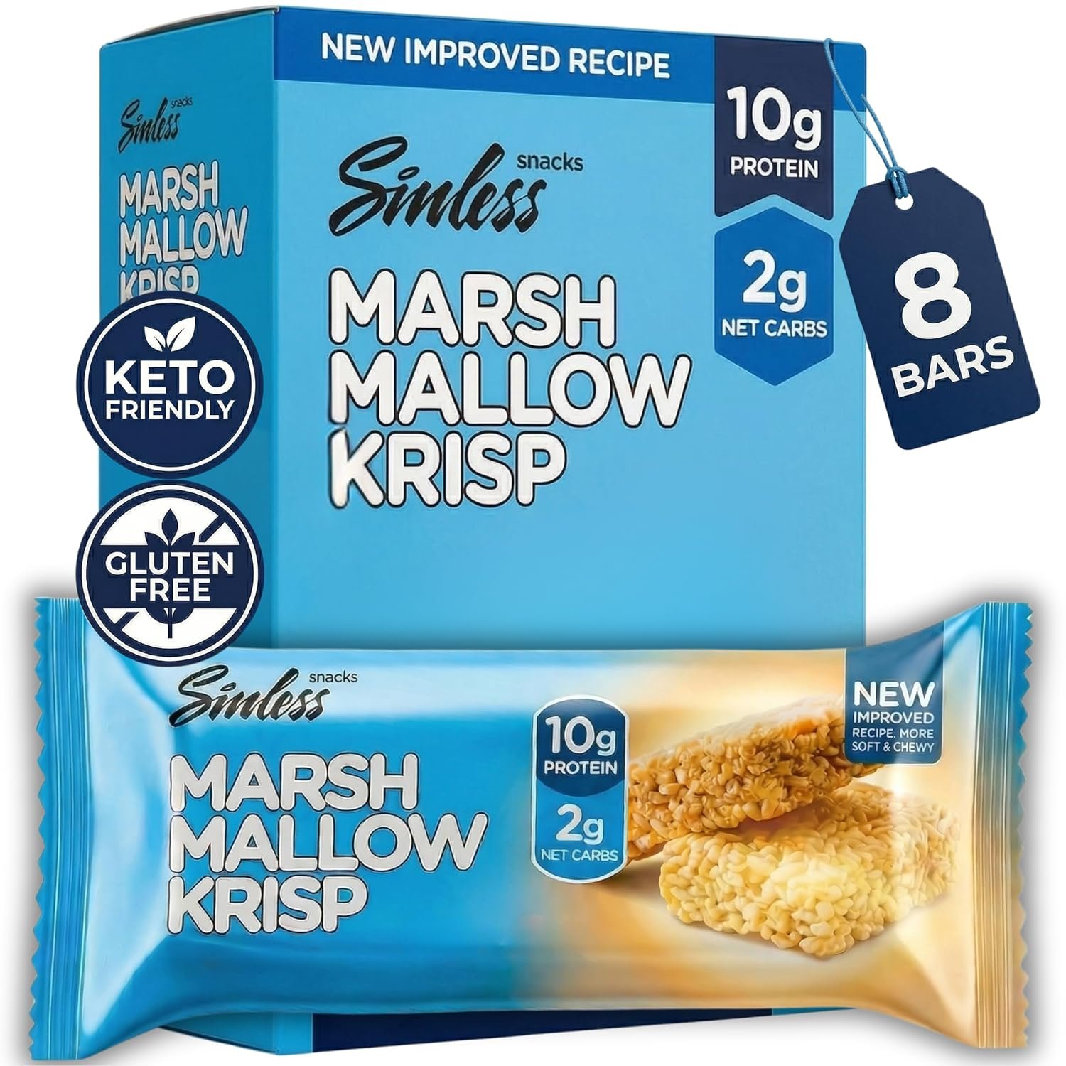 Sinless Snacks Marshmallow Krisp Bar – Low Carb Keto Snack, 8 Bars