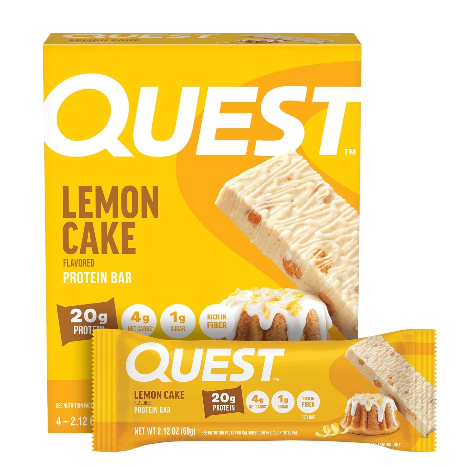 Quest Nutrition Lemon Cake Protein Bars, High Protein, Low Carb, Gluten Free, Keto Friendly, 4 Count