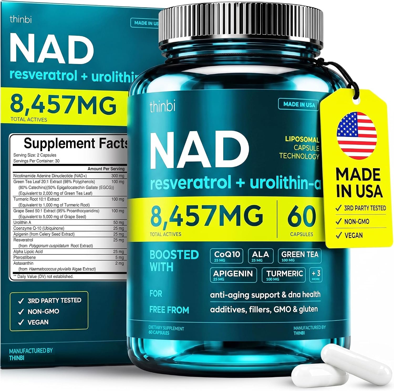 Thinbi Liposomal NAD+ Supplement with Resveratrol & CoQ10, 60 Count