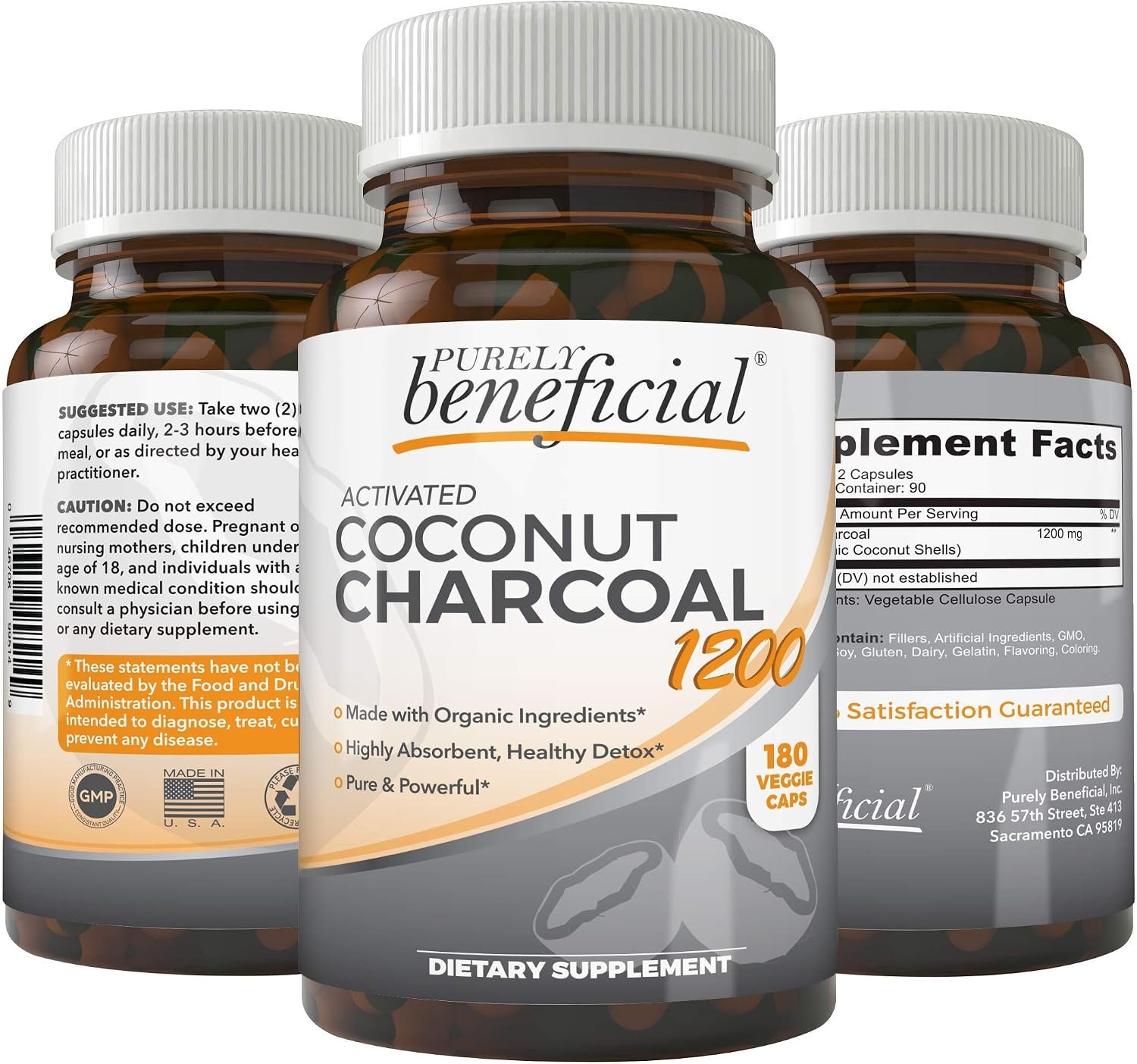 PURELY beneficial Activated Coconut Charcoal 1200mg, 180 Capsules – Pills for Digestive System, Bloating, Vegan (1bottle)