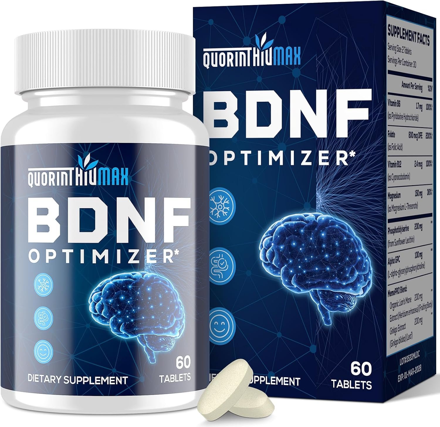 Nootropic Brain Supplement for Memory and Focus – BDNF Optimizer – Cognitive, Mental Clarity & Mood – High Absorption – Organic Lion’s Mane, L-Theanine, Ginkgo Biloba & Alpha GPC – 60 Tablets