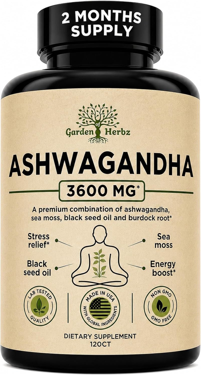 Organic Ashwagandha Supplement for Women & Men 3600 mg, Sea Moss Capsules