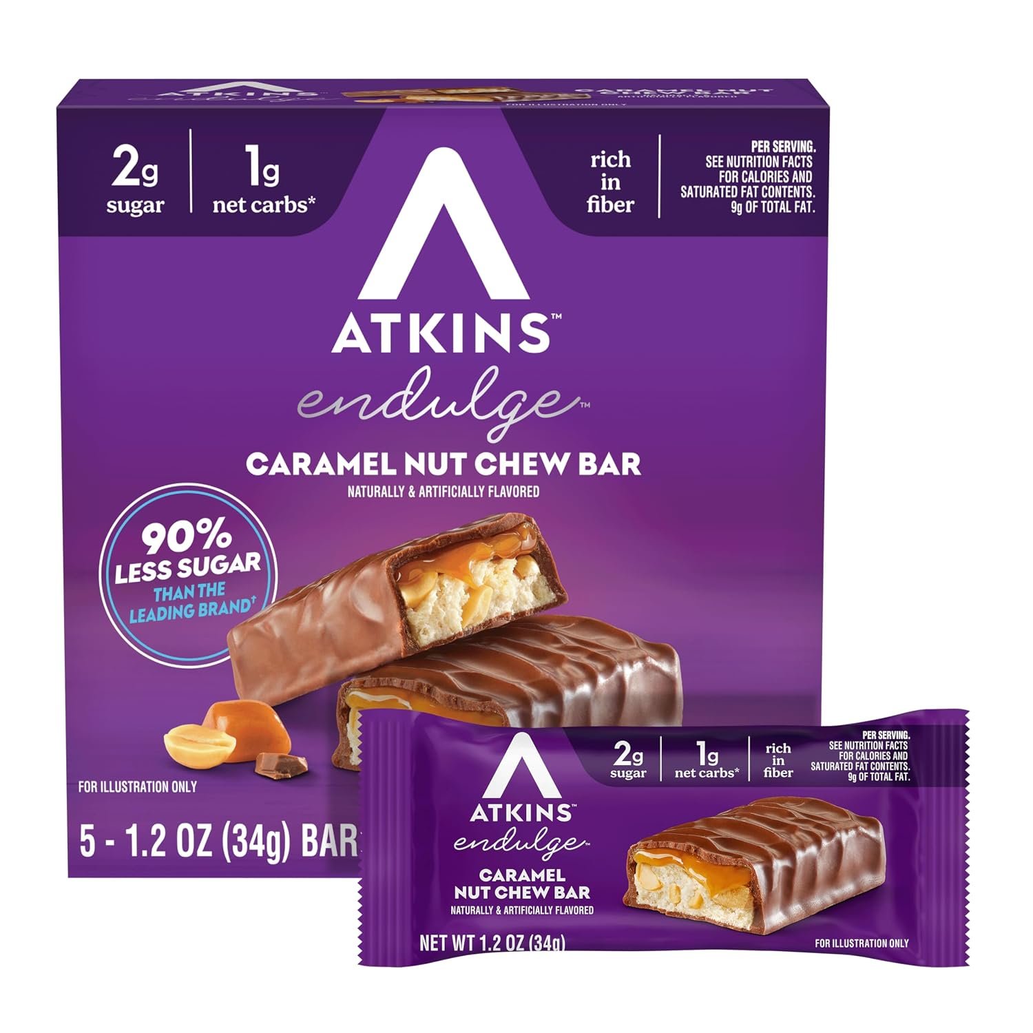 Atkins Endulge Caramel Nut Chew Bar, 2g Sugar, 5 Count