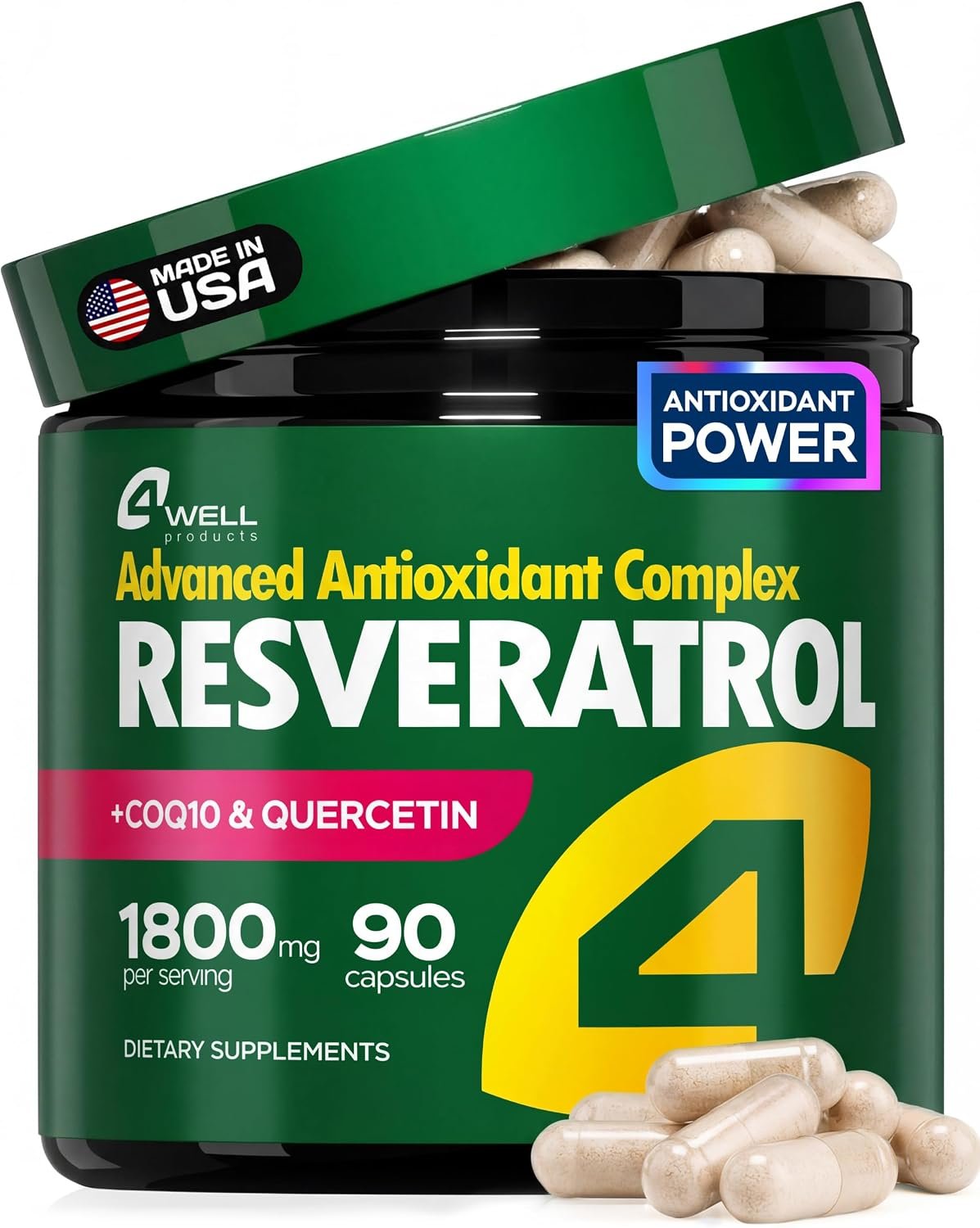Resveratrol Supplement 1800mg Complex – COQ10, Quercetin, Vitamin E, Calcium Ascorbate – Powerful Antioxidant Formula for Enhanced Energy Heart Health & Healthy-Aging Support Trans Resveratrol 90 Caps