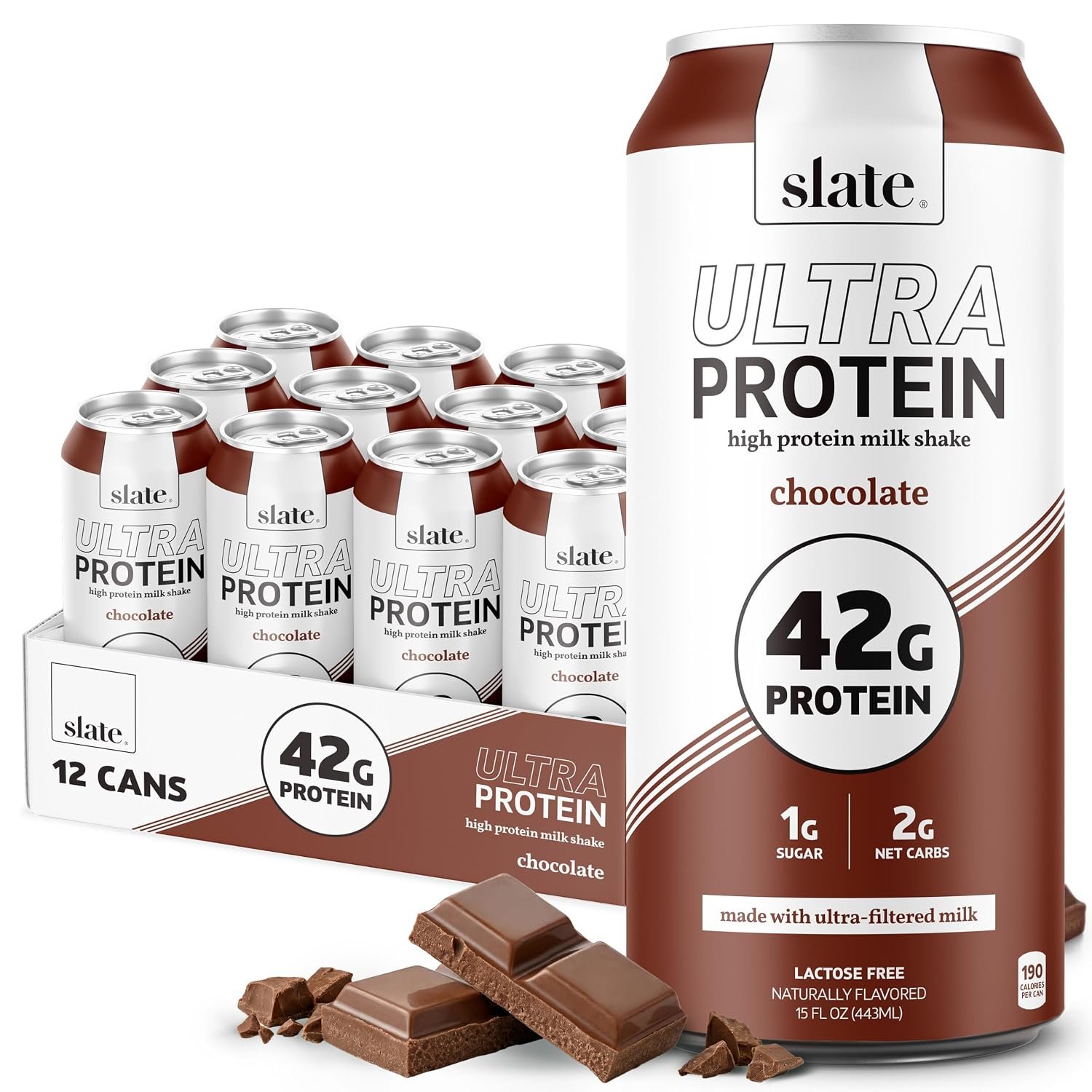 Slate Milk – Ultra Protein Shake – Chocolate – 42g Protein, 1g Sugar, 190 Calories, 2g Net Carbs – Lactose Free, No Added Sugar – Made with Ultra Filtered Milk – Breakfast Boost, Post Workout – 15 fl oz, 12 Cans