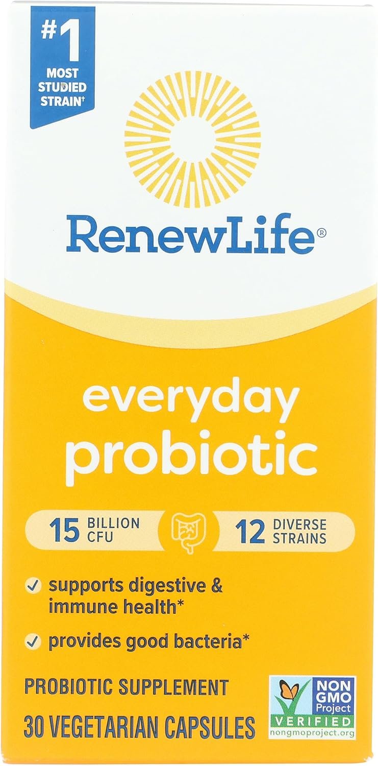 Renew Life Everyday Probiotic Capsules, Daily Supplement Supports Urinary, Digestive and Immune Health, L. Rhamnosus GG, Dairy, Soy and Gluten-Free, 15 Billion CFU, 30 Count
