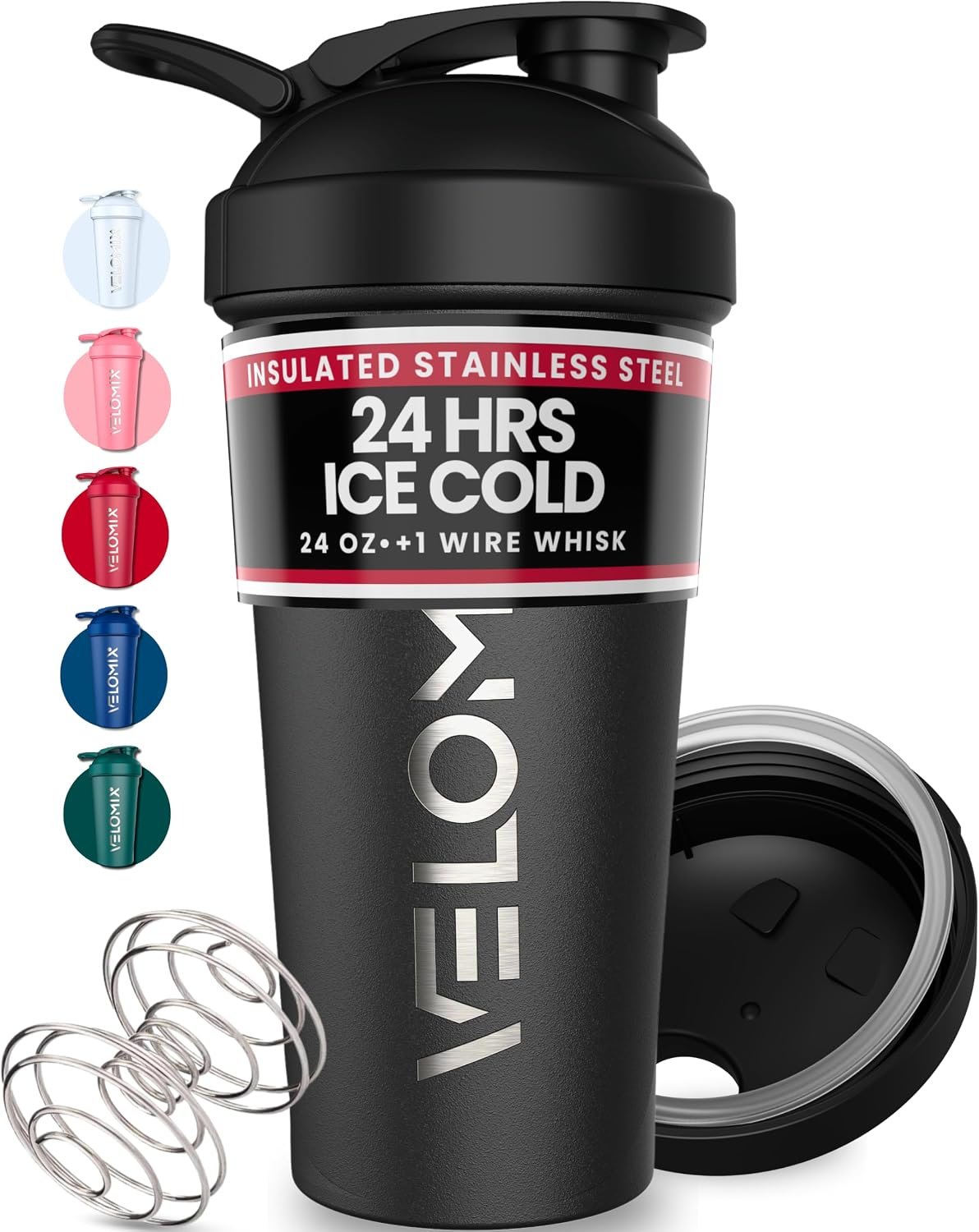 VELOMIX 24oz Stainless Steel Shaker Bottle with Wire Whisk, Black