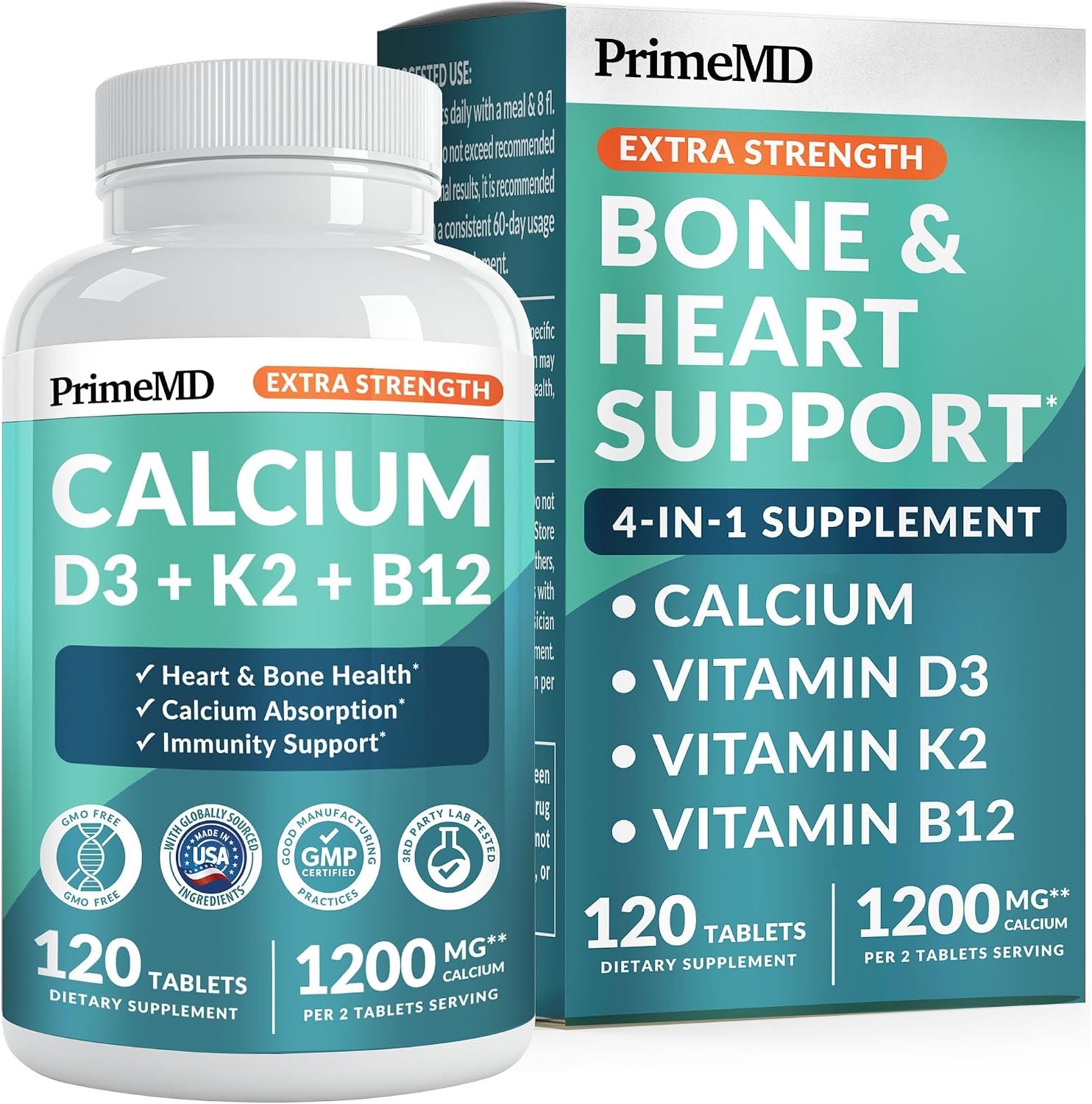 PrimeMD 4-in-1 Calcium 1200mg, Vitamin D3 K2 5000IU, Vegan Non-GMO, 120ct