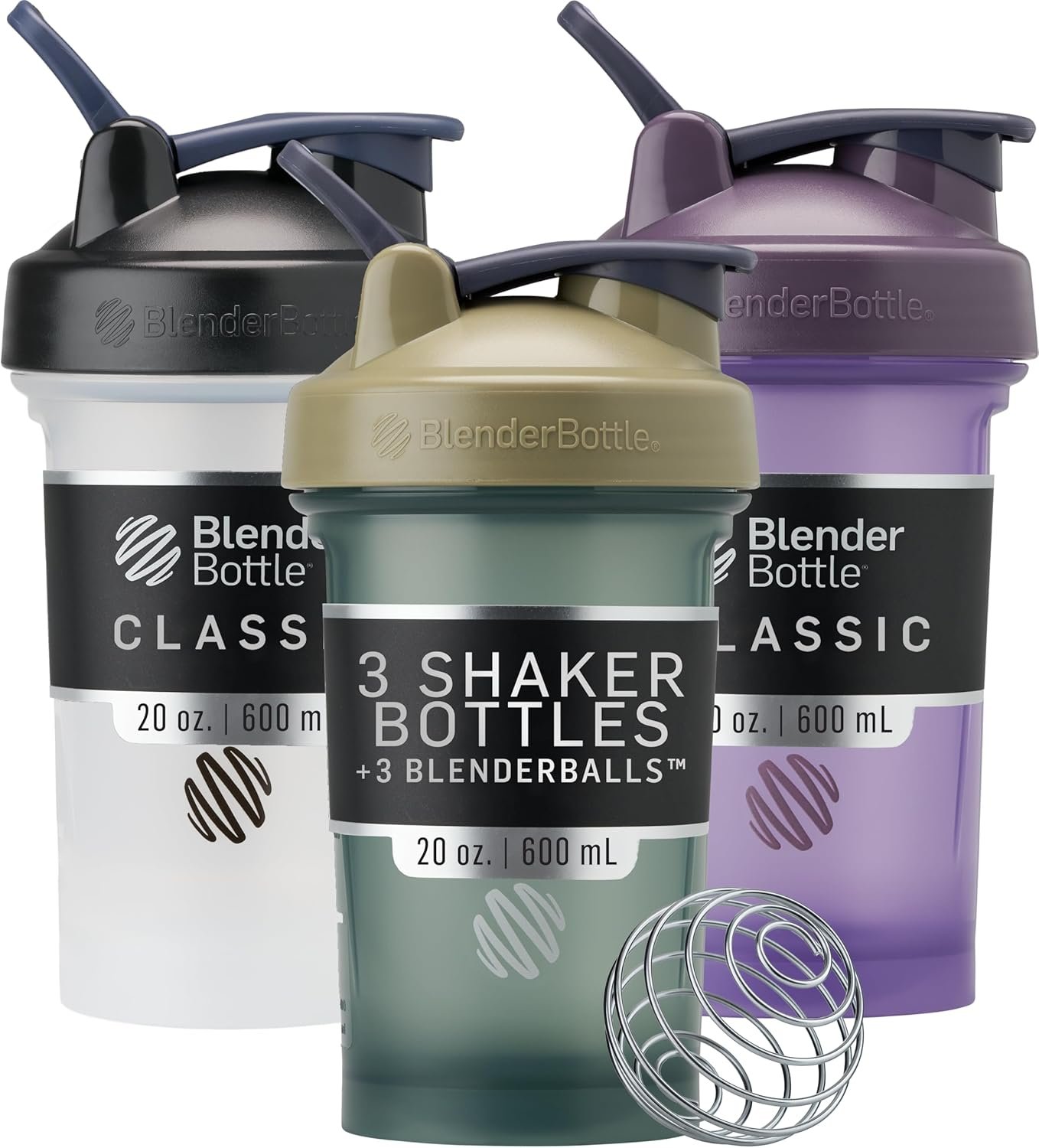 BlenderBottle Classic V2 Shaker Bottle 20 oz Black/Tan&Blue/Purple, 3-Pack