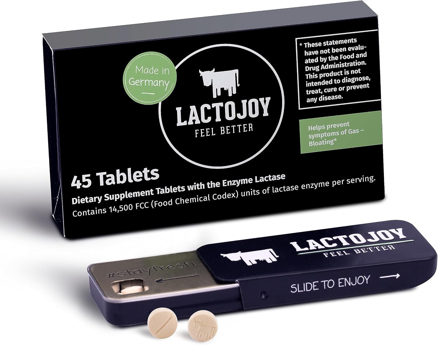LactoJoy Lactase Pills 14,500 I 45 Pieces I Powerful Lactase Enzymes for Lactose Intolerance I Ultra Pure Lactase for Improved Digestion I No Silicon Dioxide, No Artificial Flavors, No Sucralose