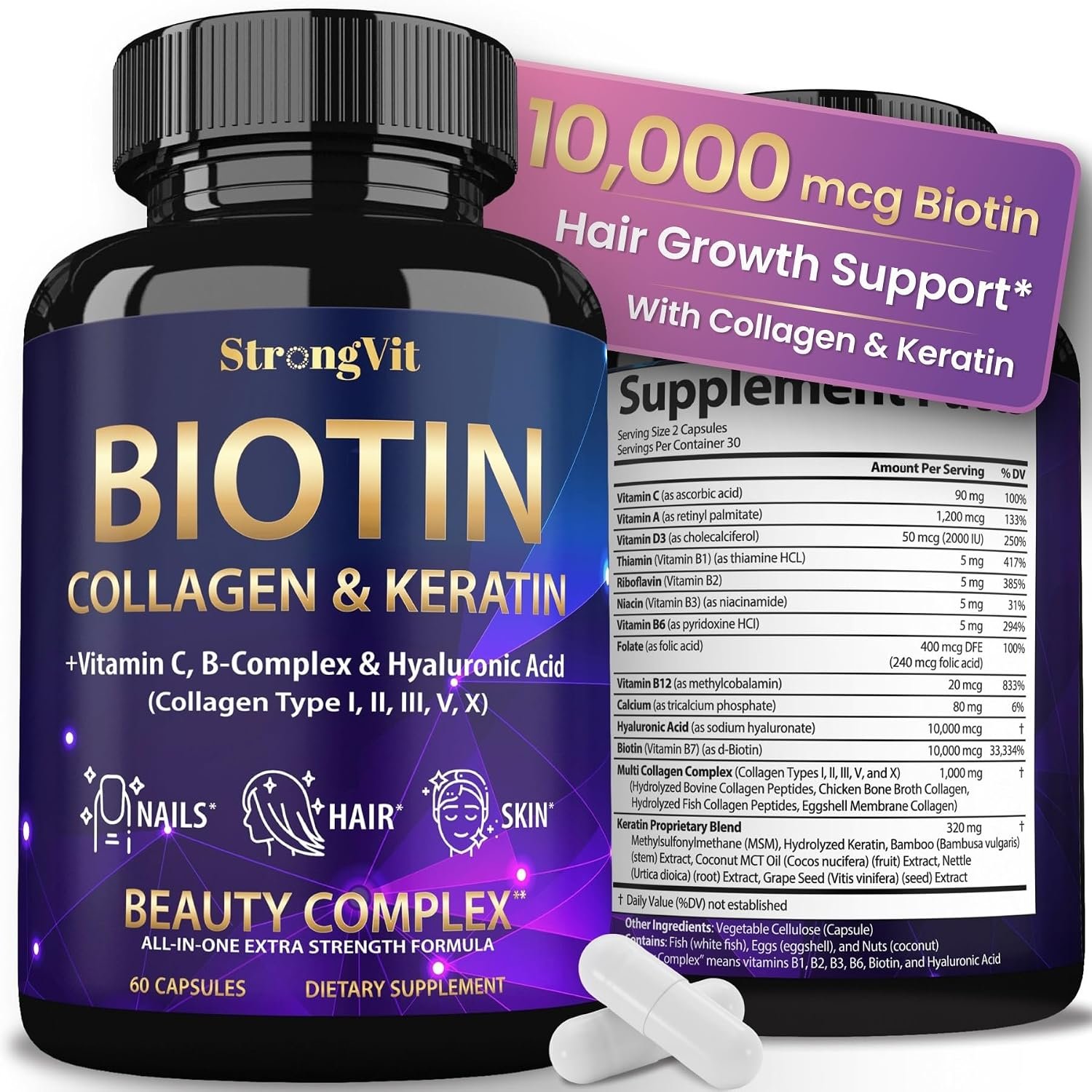 Biotin with Hyaluronic Acid, Keratin and Collagen Supplement – 60 Capsules