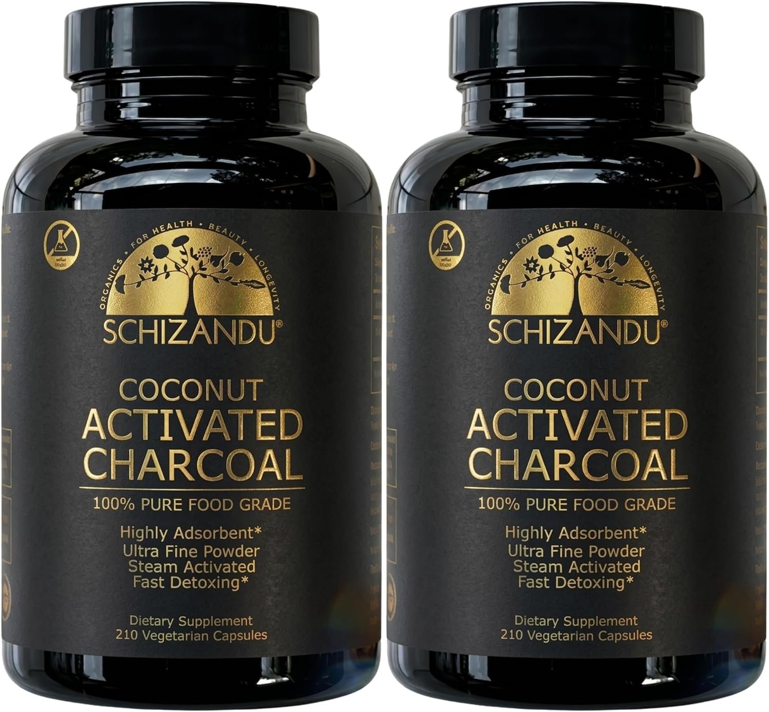 Schizandu Activated Coconut Charcoal Capsules- Supports Health – Vegan, Organic, Non-GMO, No Additives – X-Large Bottle 210 Count – Pack of 2