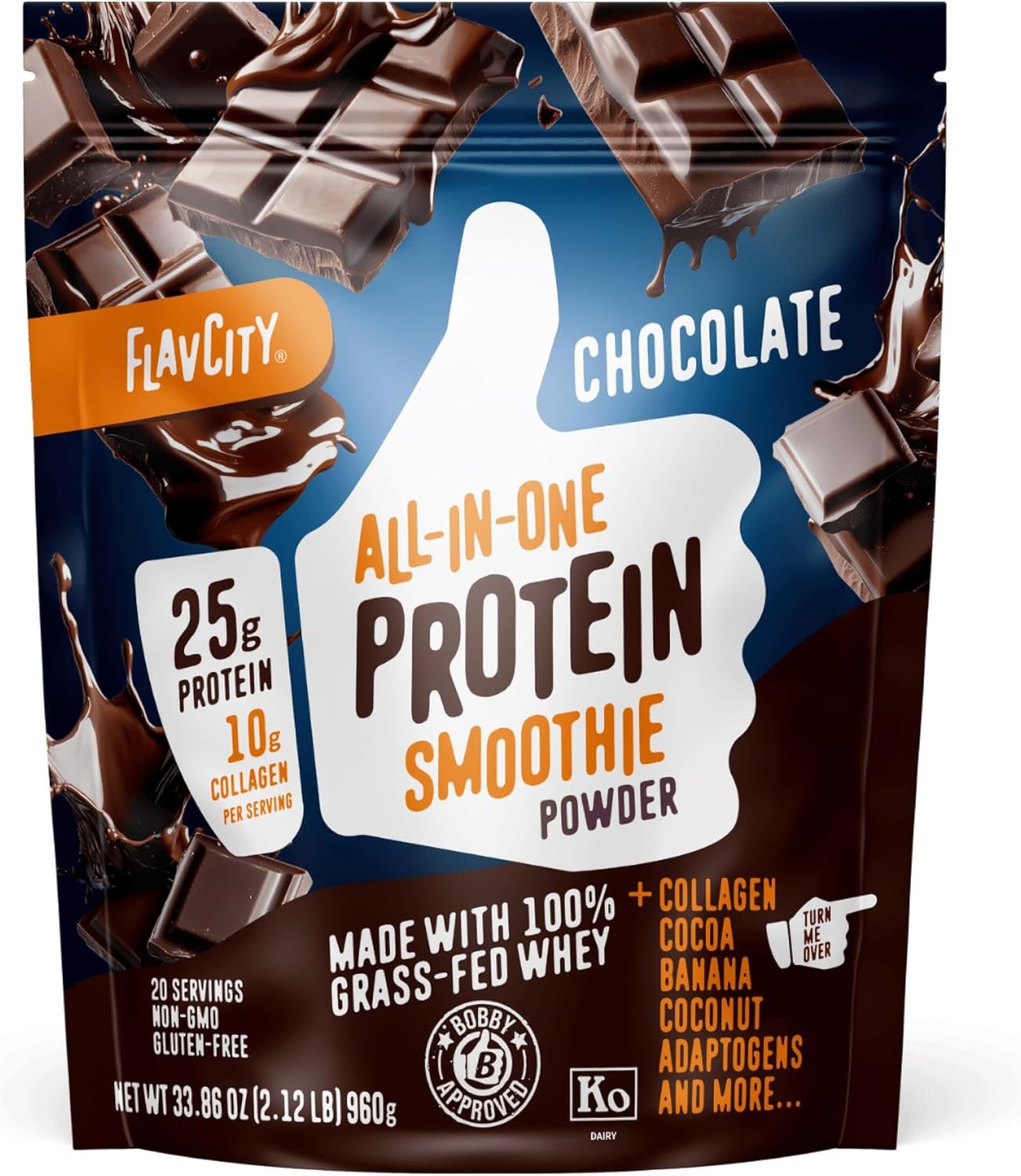 FlavCity Chocolate All in One Protein Shake Powder – On the Go Meal Alternative + Collagen Peptides, Reishi & Cordyceps – Focus, Skin, Hair & Joint Support – 100% Grass Fed Whey, 20 Servings