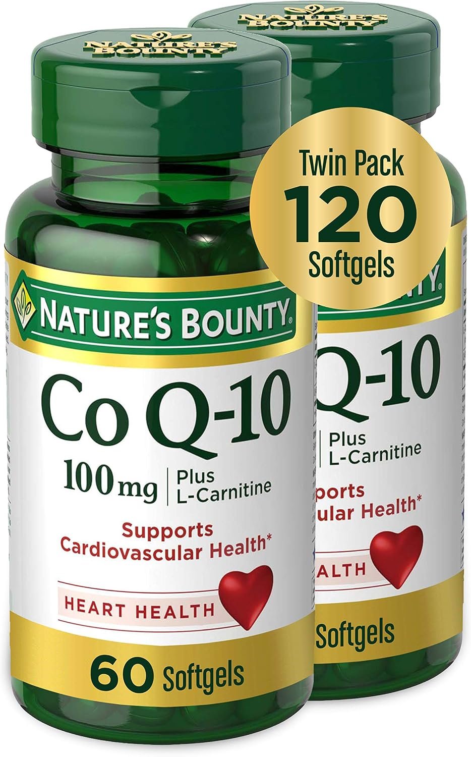 Nature’s Bounty CoQ10, Dietary Supplement, Supports Heart Health, 100mg Plus L-Carnitine, Twin Pack, 120 Softgels