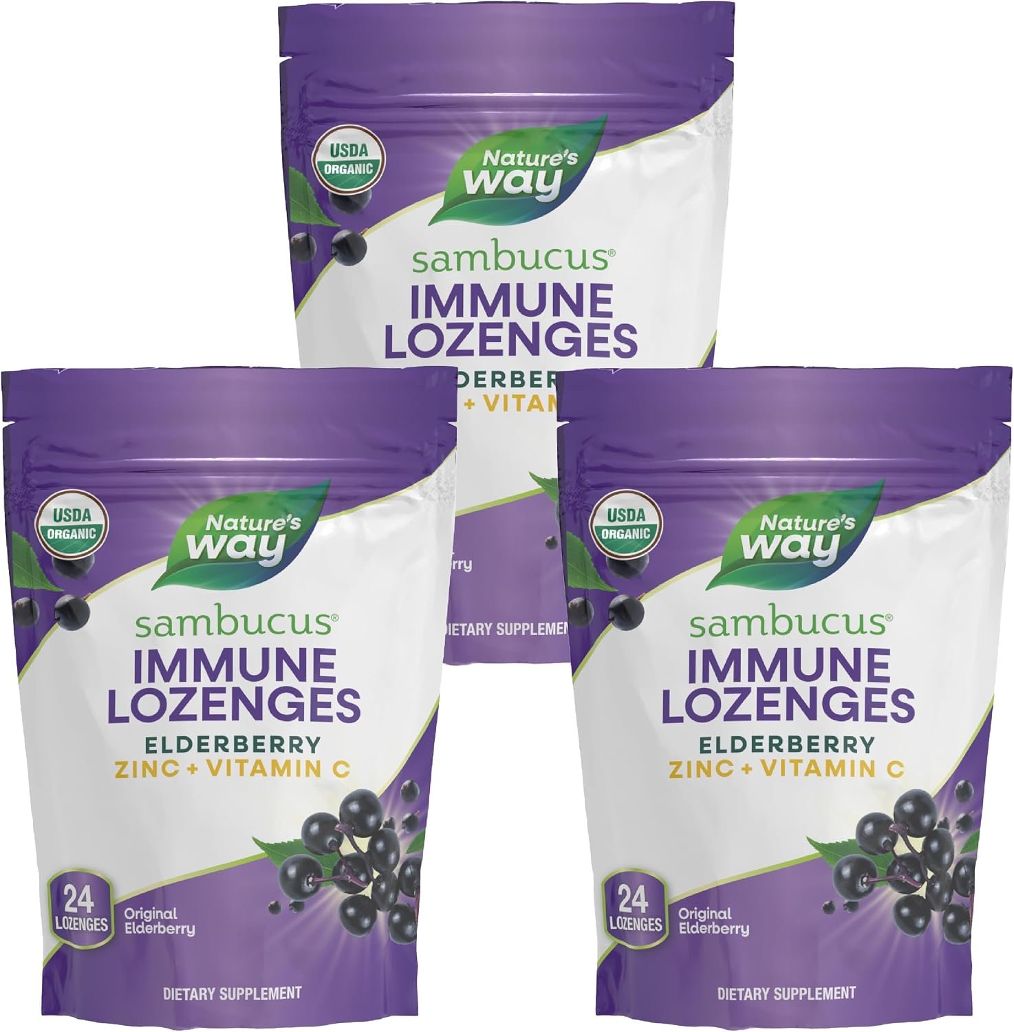 Nature’s Way Organic Sambucus Lozenge, Elderberry and Zinc 24 Pieces (Pack of 3)