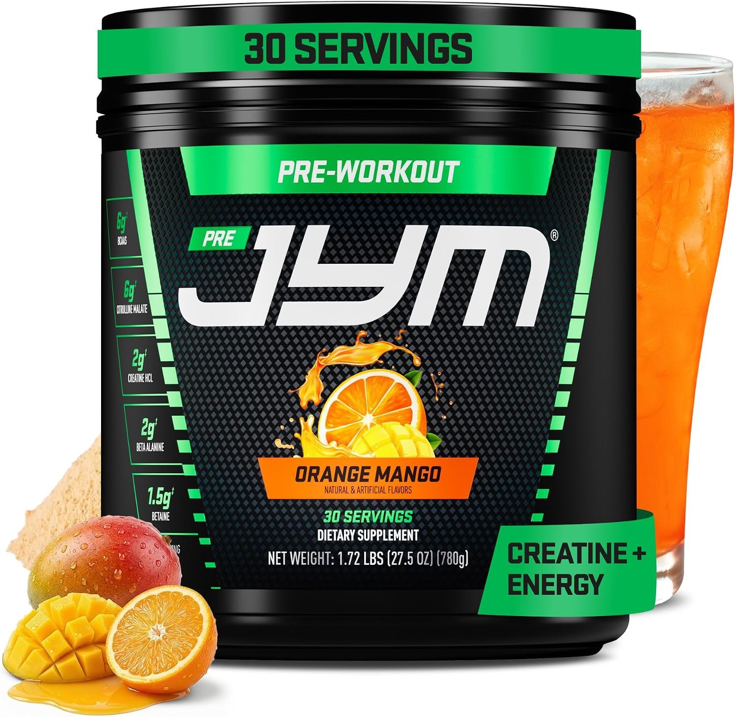 JYM Pre Workout, Orange Mango – Creatine HCI, Caffeine – 27.5 Oz