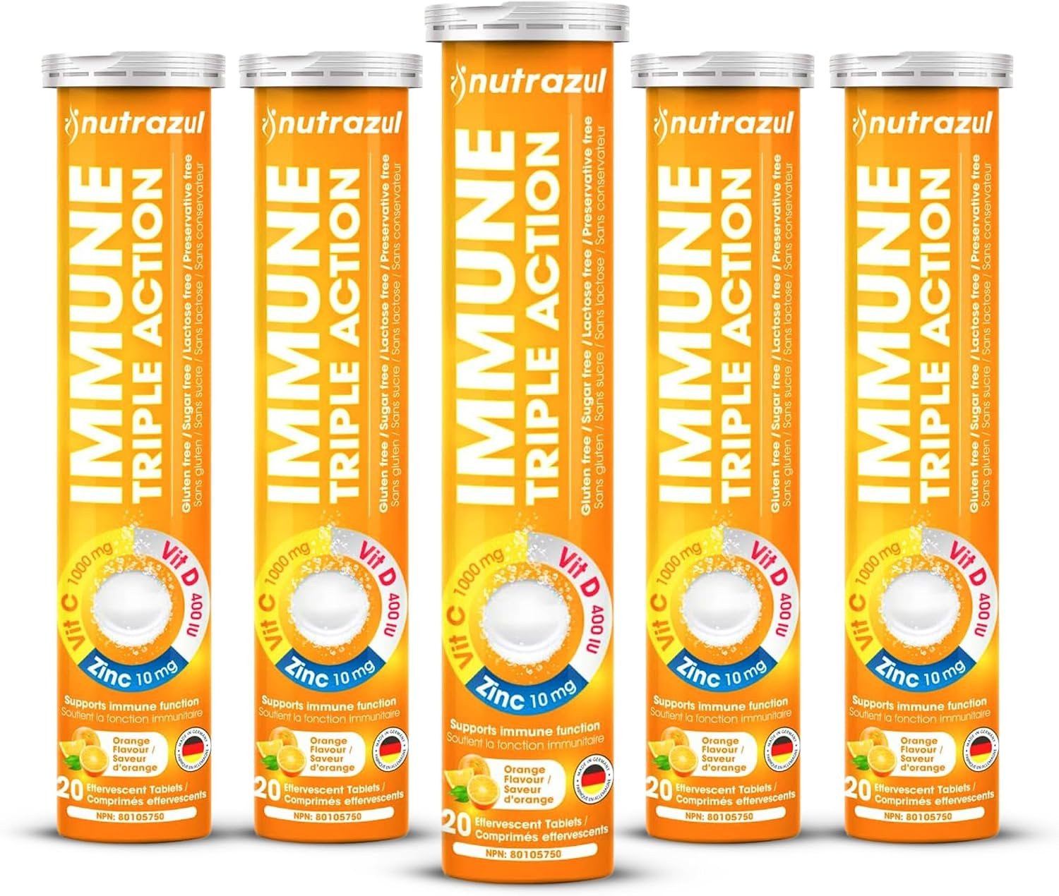 nutrazul Immune Triple Action Effervescent Tablets with Vitamin C 1000mg, Vitamin D, Zinc, Support Daily Routine, Gluten-Free, Sugar-Free, Lactose-Free, Orange Flavor, 20 Tablets (Pack of 5×20)