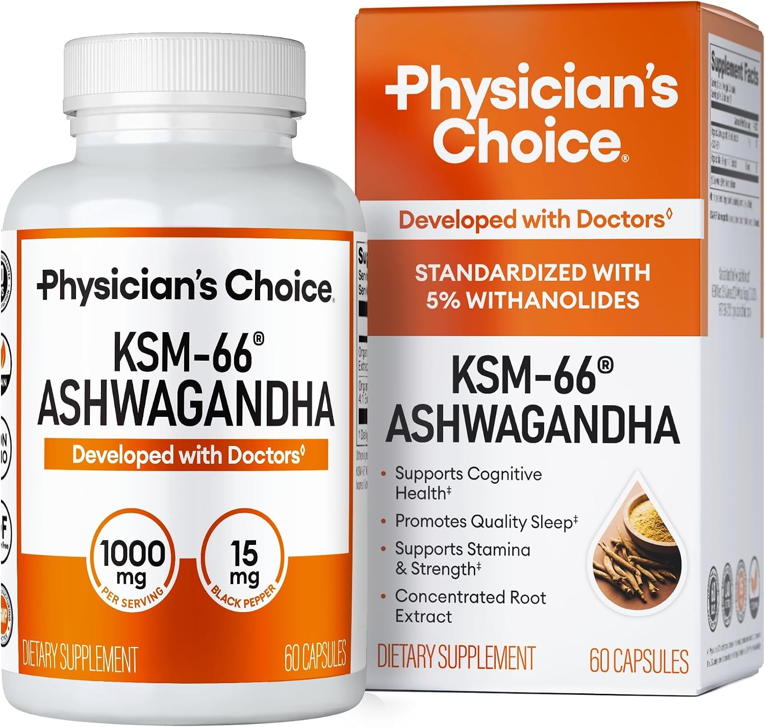 Physician’s CHOICE KSM-66 Ashwagandha Root Extract 1,000mg, Organic, 60ct