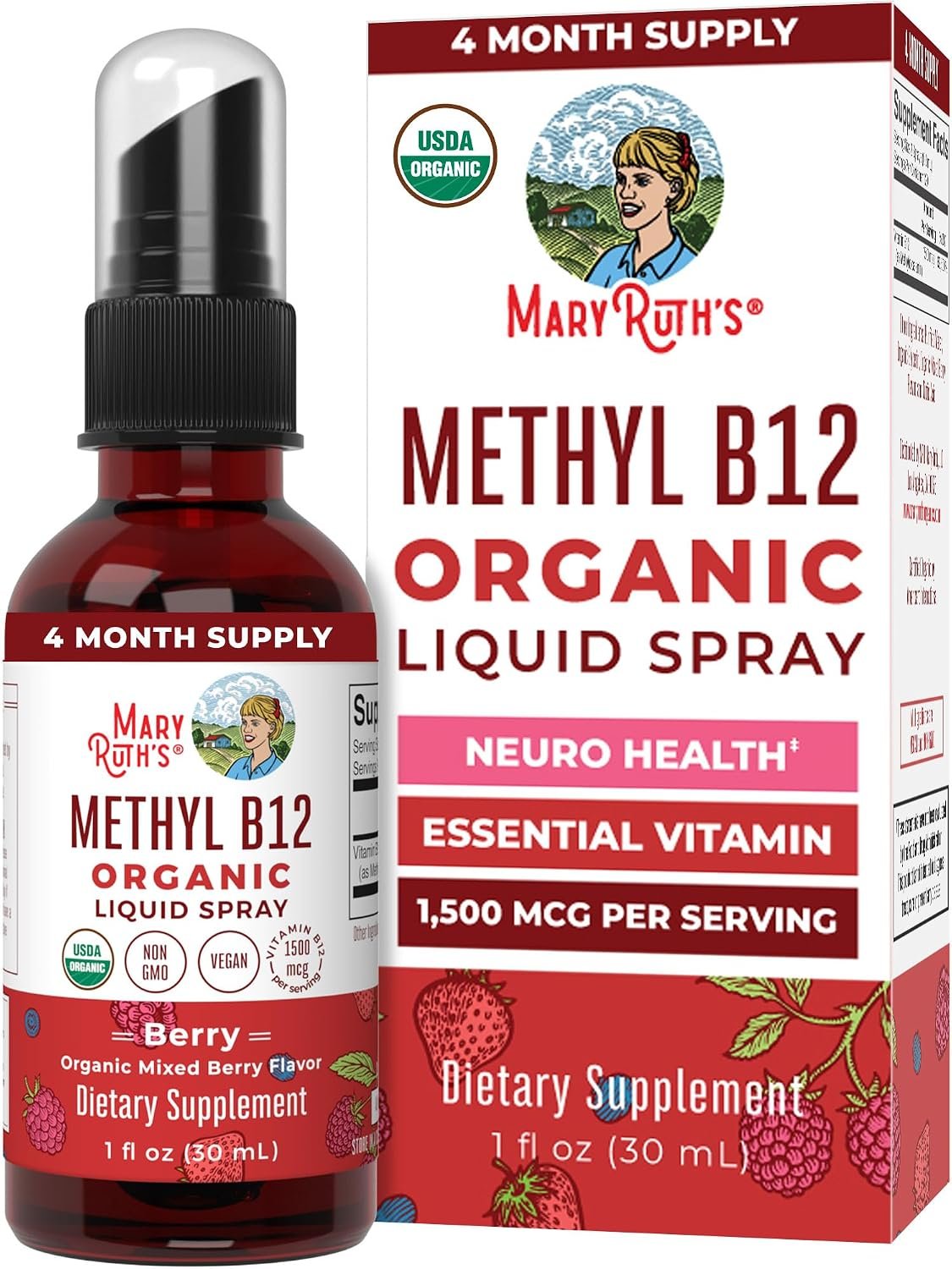 MARYRUTH’S Organic Methyl B12 Spray, 1,500 mcg B12 Per Serving, 1 Fl Oz