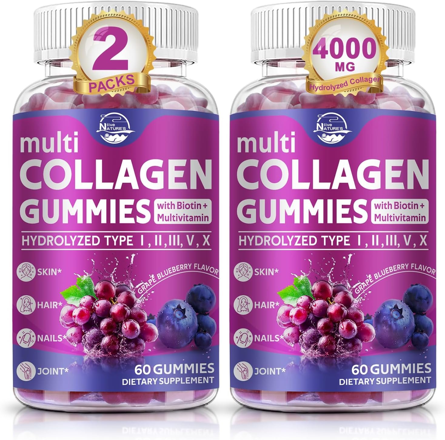 Nature’s live Multi Collagen Peptides Gummies, Type I, II, III, V, X