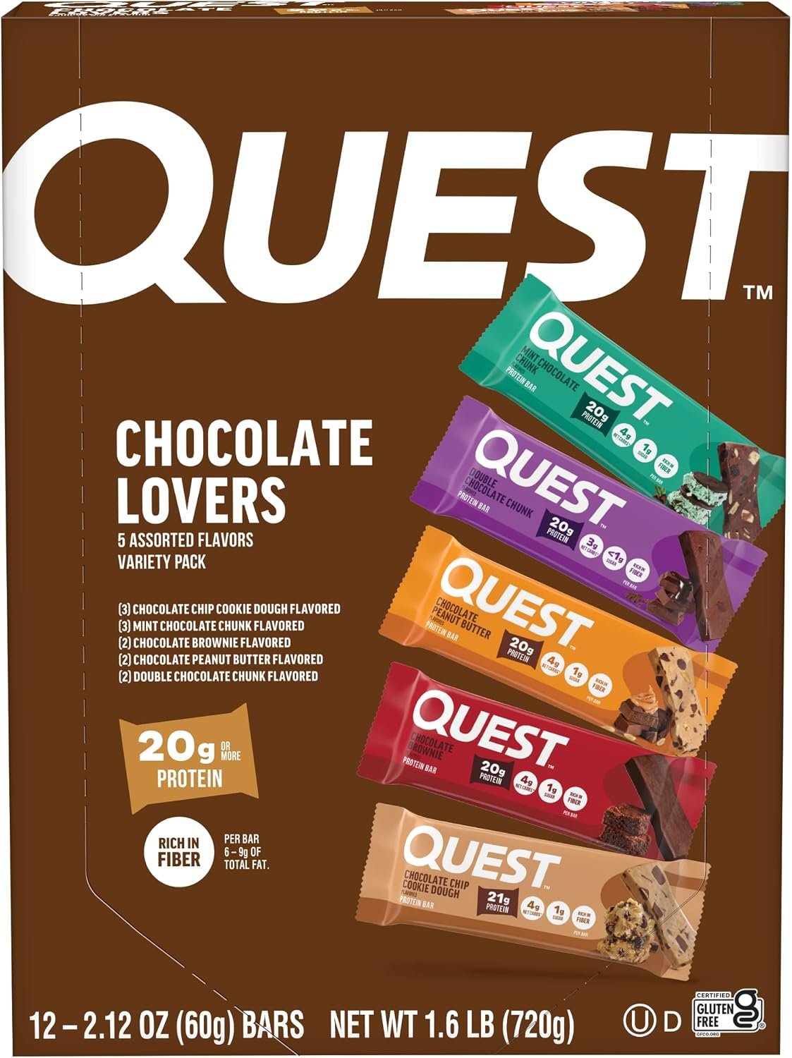 Quest Nutrition Chocolate Lovers Variety Pack, High Protein, Low Carb, Gluten Free, Keto Friendly, 12 Count