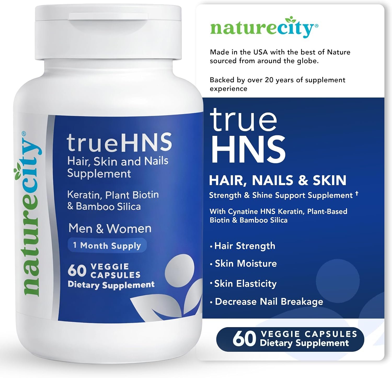NatureCity True-HNS Hair & Nails Supplement, Plant Based Biotin, 60 Caps