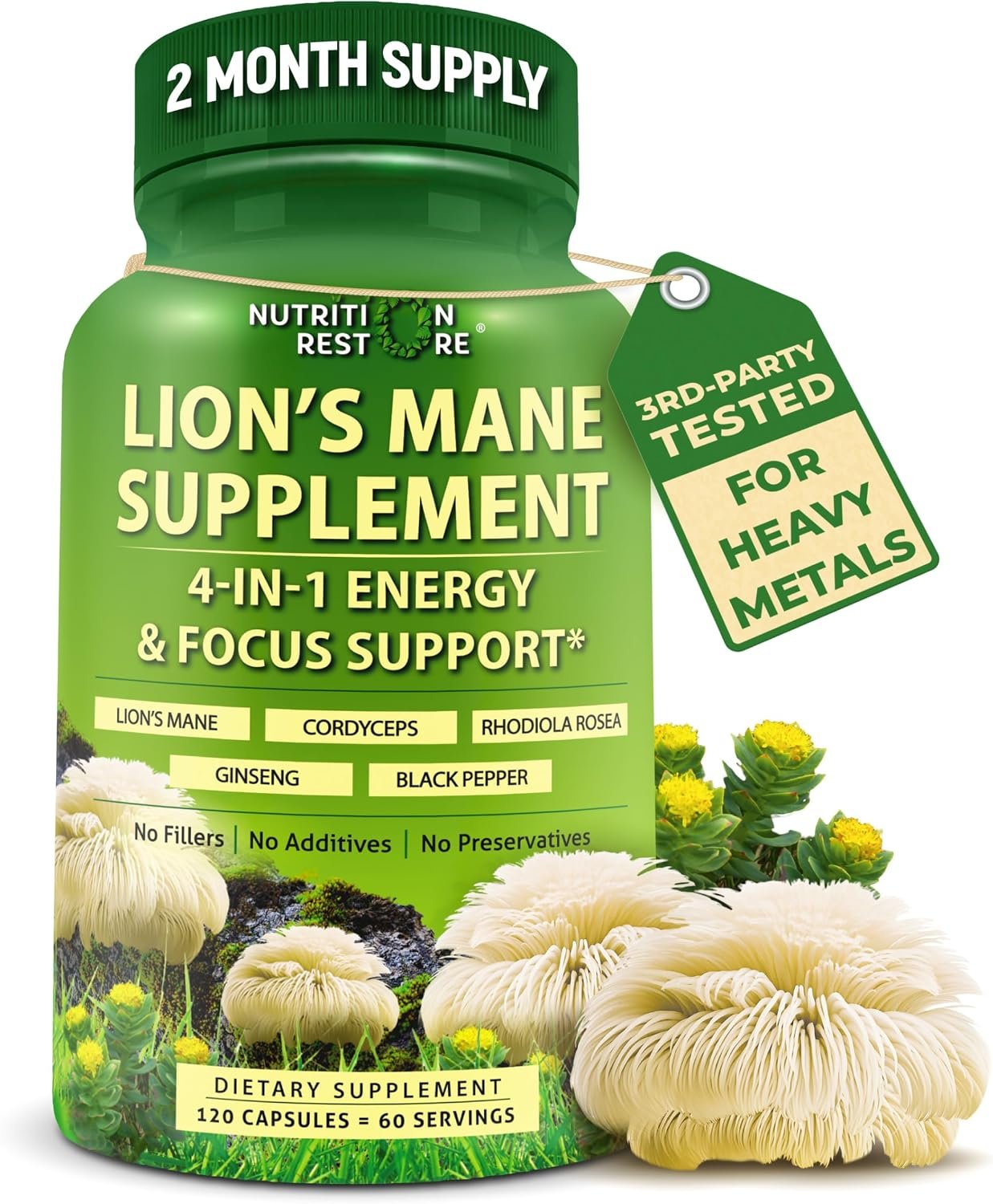 Organic Lion’s Mane Supplement Capsules with Cordyceps, Rhodiola & Ginseng