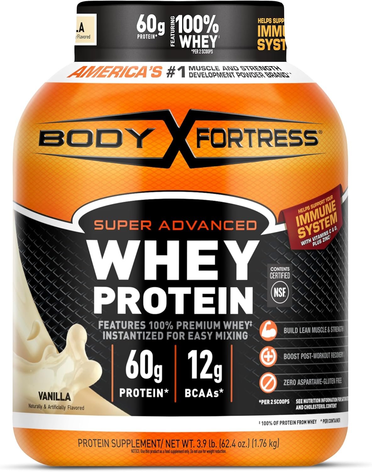 Body Fortress Super Advanced Whey Protein Powder, Vanilla, 3.9 lbs