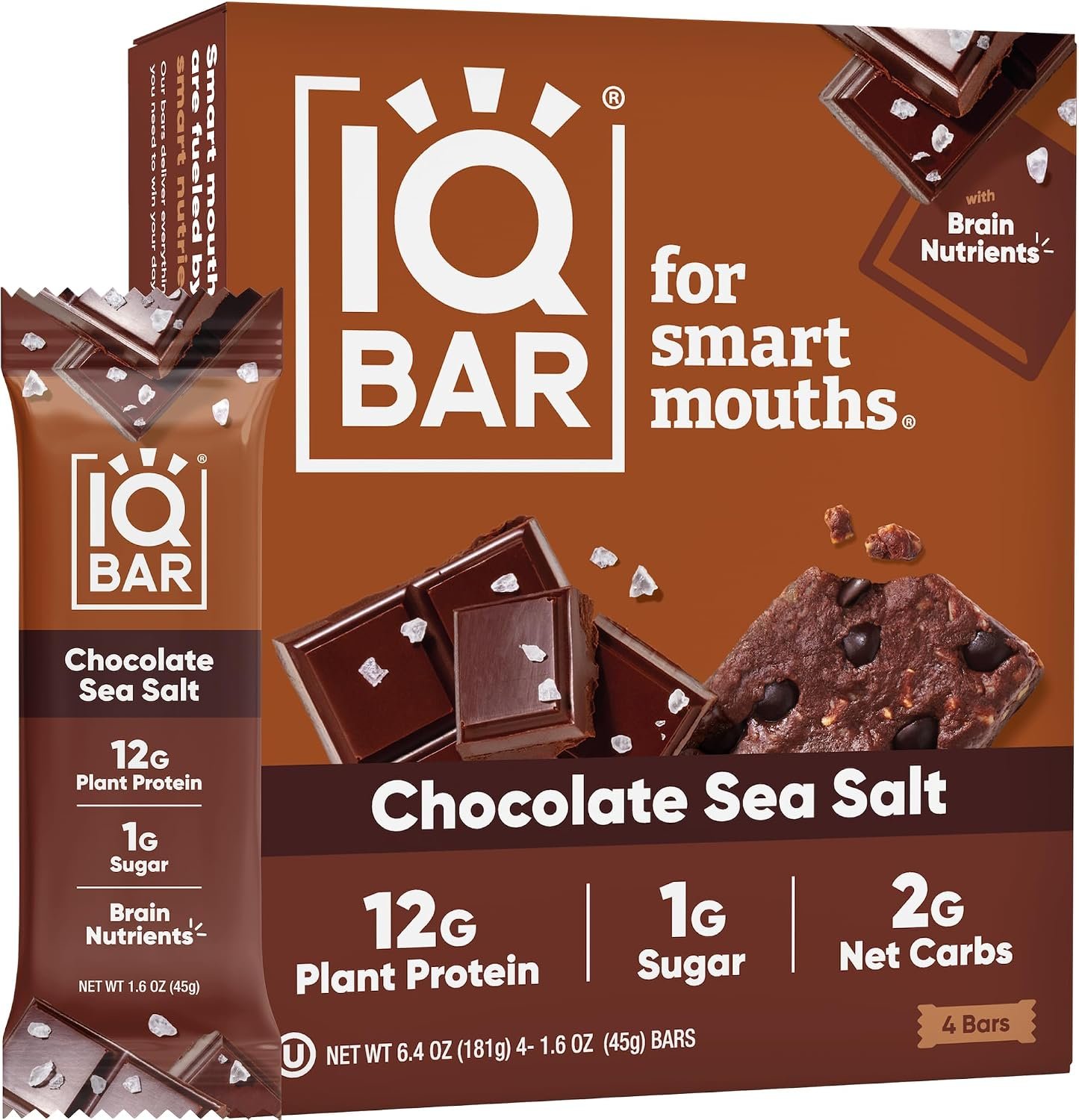 IQBAR Brain and Body Protein Bars – Chocolate Sea Salt Keto Bars – 4 Count Energy Bars – Vegan Snack