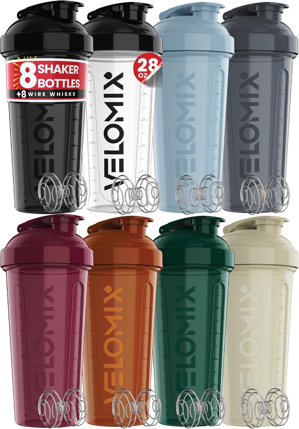 VELOMIX 8 Pack 28oz Protein Shaker Bottle for Protein Mixes, Midnight Black