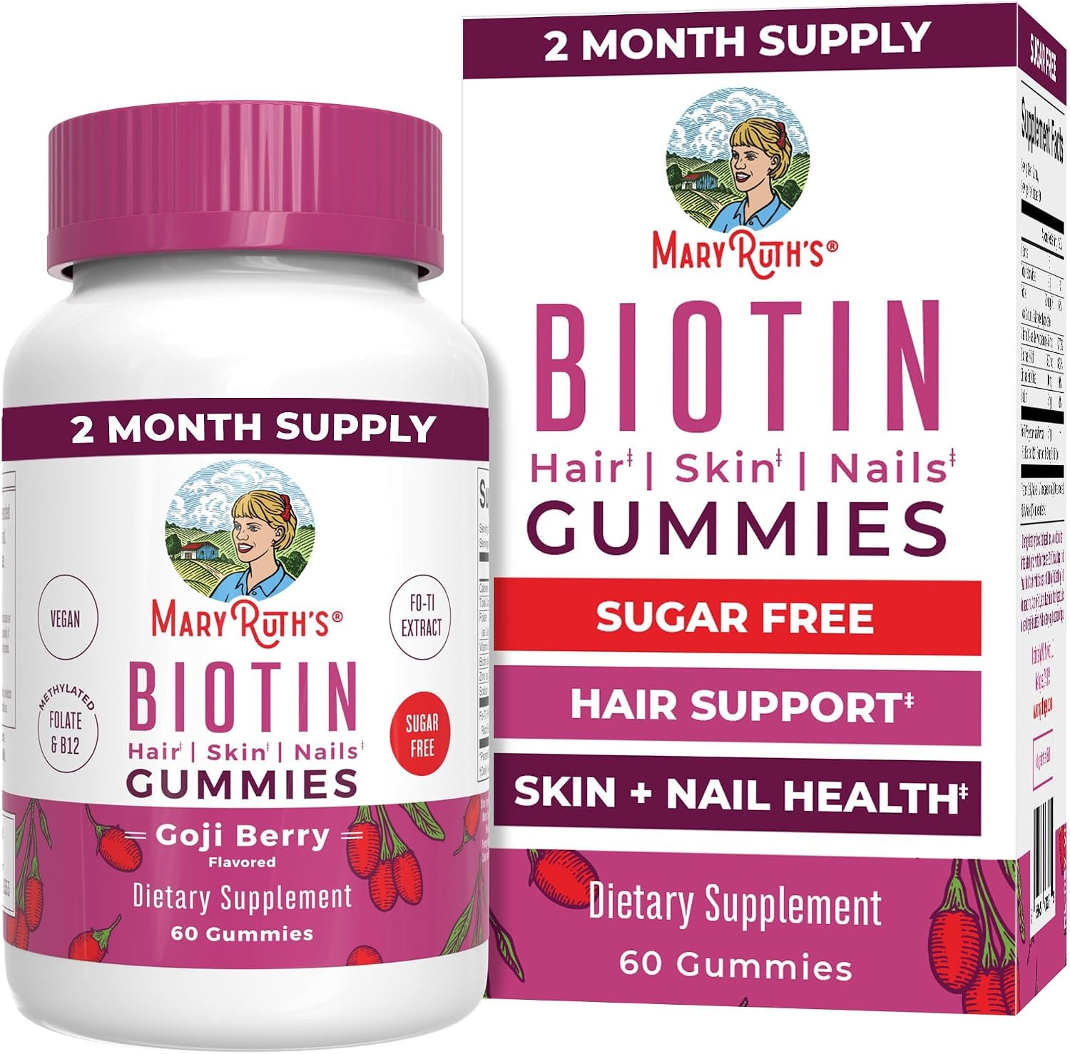 MARYRUTH’S Biotin Gummies, Hair Growth, Vegan, Sugar Free, Non-GMO, 60 Ct