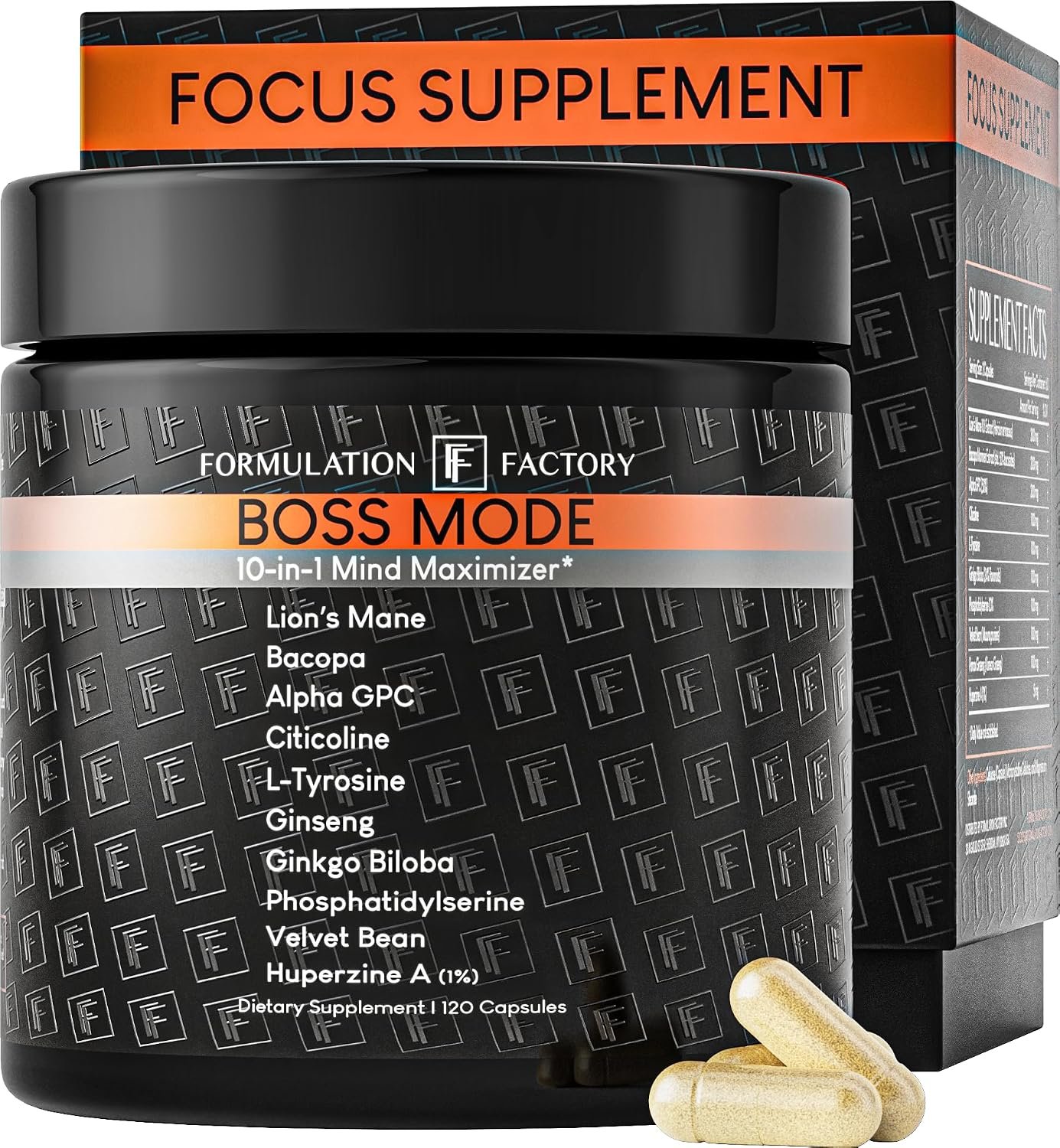 Formulation Factory BOSS Mode 10-in-1 Nootropic Complex with Lion’s Mane, Alpha-GPC, Bacopa Monnieri, Ginkgo Biloba, Rhodiola & L-Tyrosine – 120 Capsules