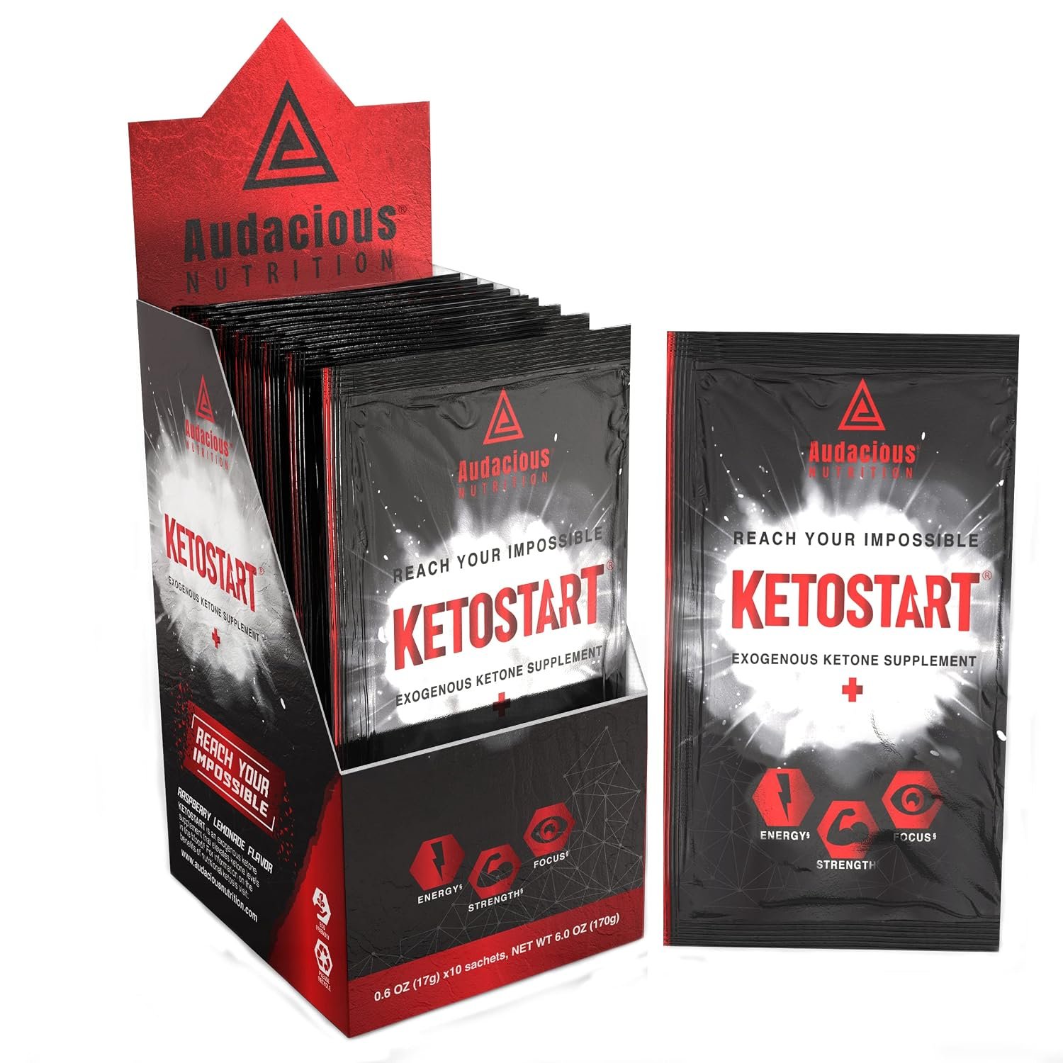 KetoStart+ | Exogenous Ketones Powder with Electrolytes for Energy, Strength & Focus | with Caffeine | Lemonade Flavor Electrolyte Powder (20x Ketones Drink Mix Packets)