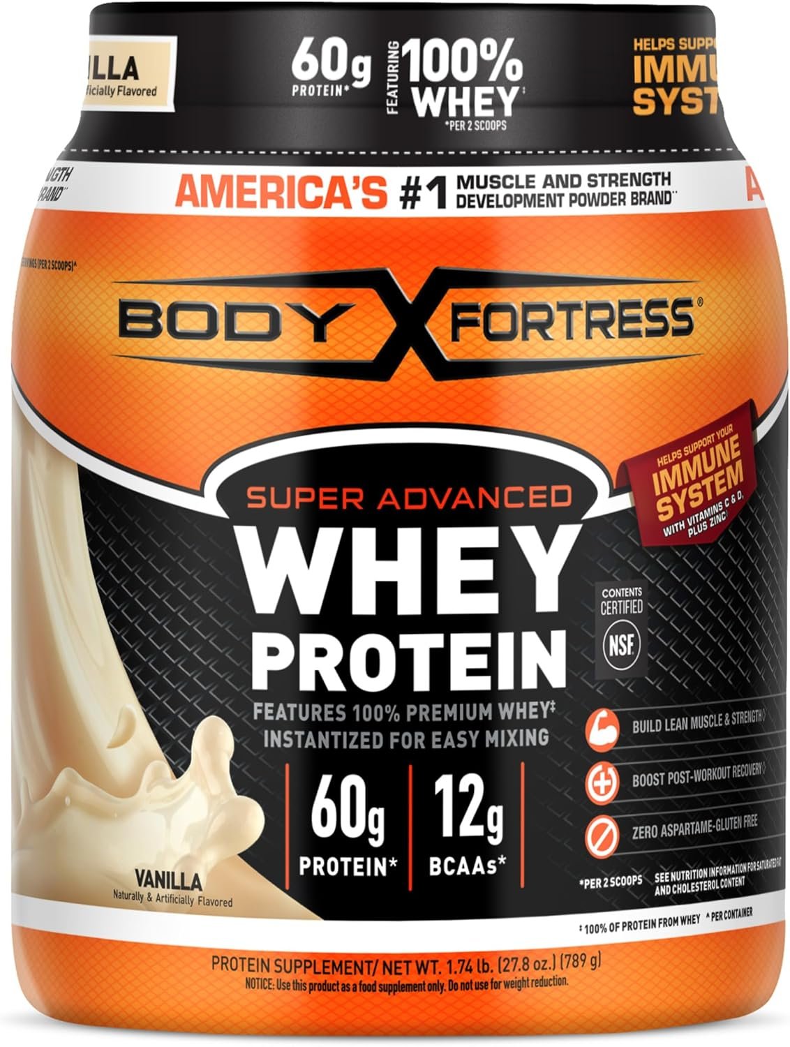 Body Fortress Super Advanced Whey Protein Powder, Vanilla, 1.74lbs