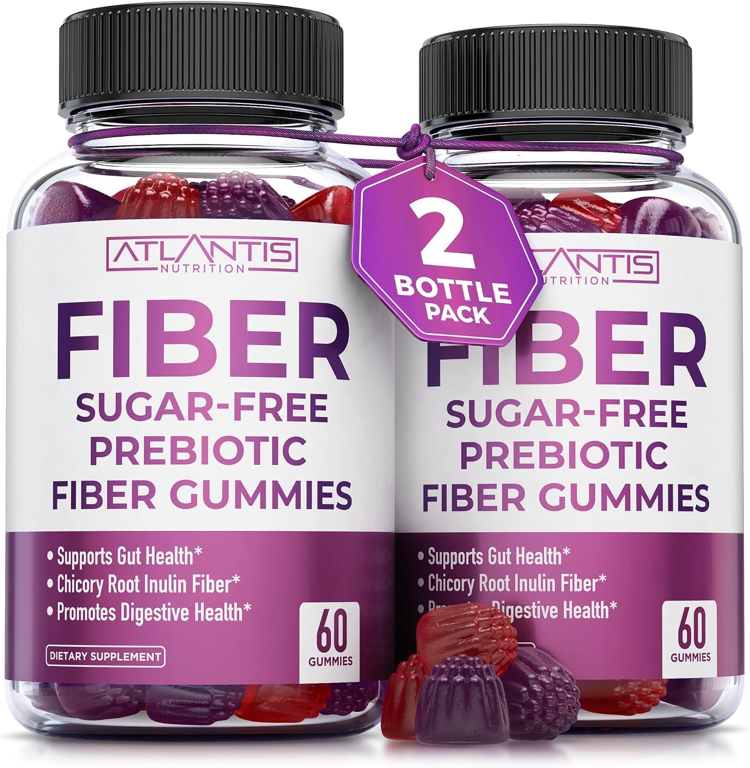 Atlantis Nutrition Sugar Free Fiber Gummies for Adults – 5G Fiber Supplement Formulated with 5.4G Prebiotic Digestive Blend/Serving – Supports Gut Health & Healthy Digestion – 2-Pack 120 Gummies