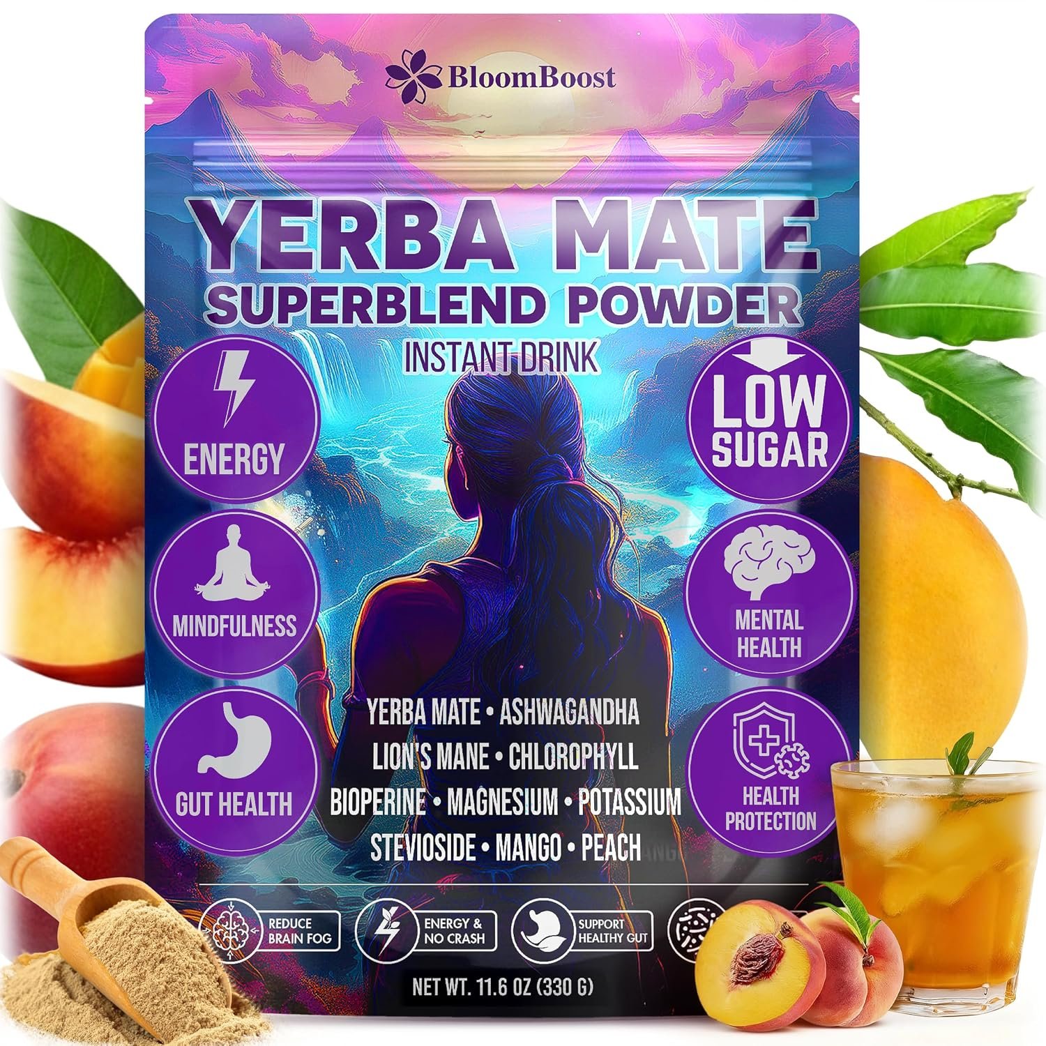BloomBoost Yerba Mate Tea Powder w/Lion’s Mane, Peach Mango, 30 Servings