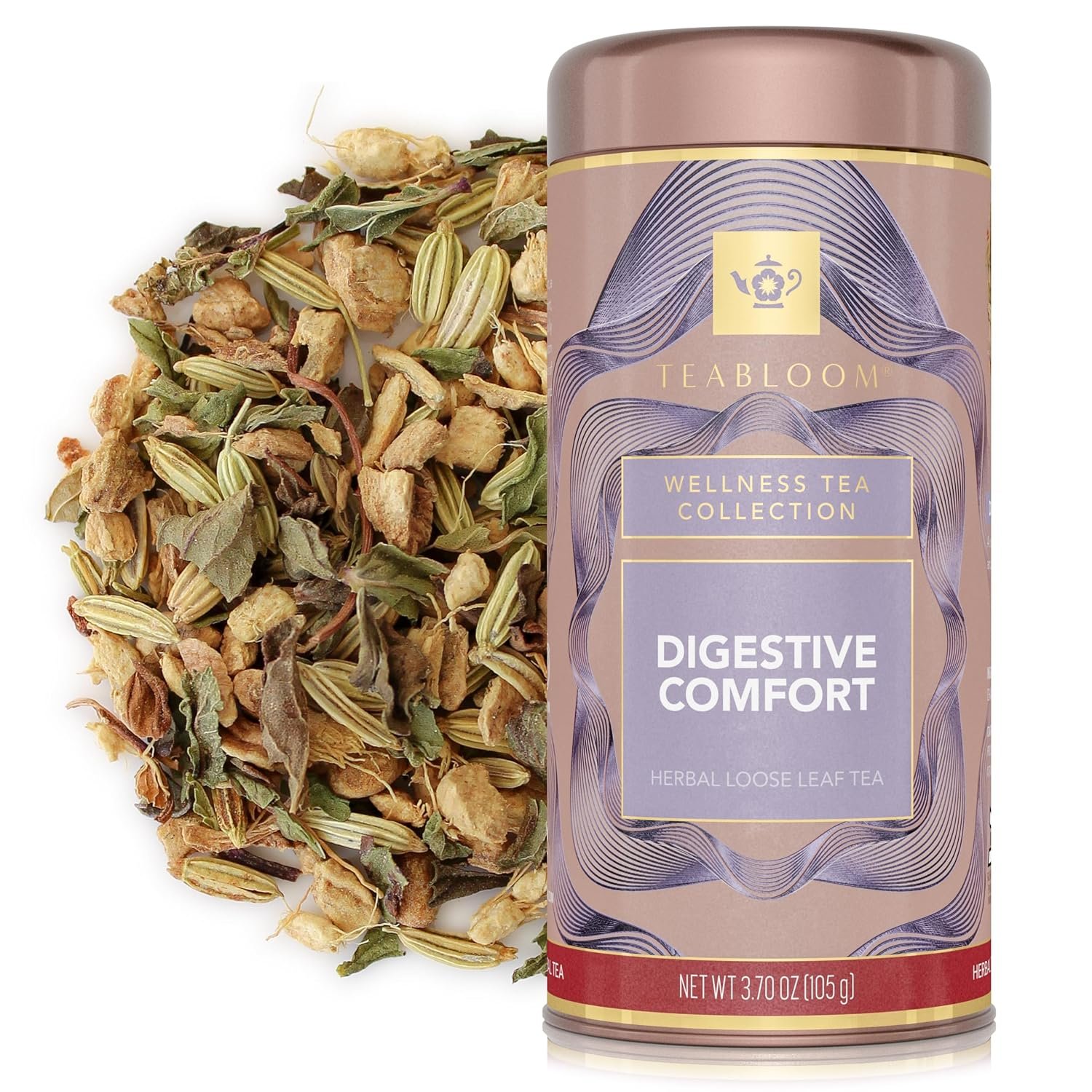 Teabloom Digestive Comfort Loose Leaf Herbal Tea with Chamomile, Fennel & Ginger | Caffeine-Free Soothing Botanical Blend | Canister Makes 35–50 Cups | Gift-Ready Reusable Tin