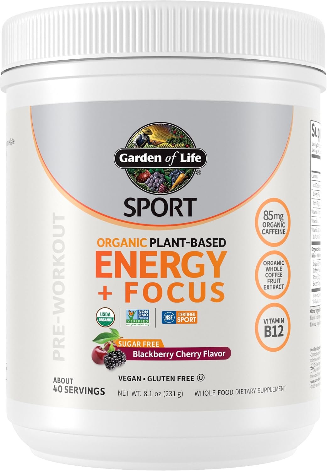 Garden of Life Sport Organic Plant-Based Energy + Focus Vegan Clean Pre Workout Powder, Sugar & Gluten Free BlackBerry Cherry with 85mg Caffeine, Natural NO Booster, B12, 40 Servings, 8.14 Oz
