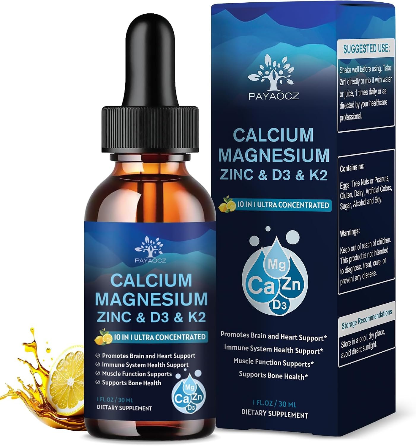 (2 Pack) 10 in 1 Magnesium Calcium Zinc Supplement with Vitamin C D3 K2, Glycinate Mag Vegan Liquid Drops Plus L-Theanine Boron Sea Moss Extract, Immune Support, Bone, Sleep & Leg Cramps, 1 Fl Oz
