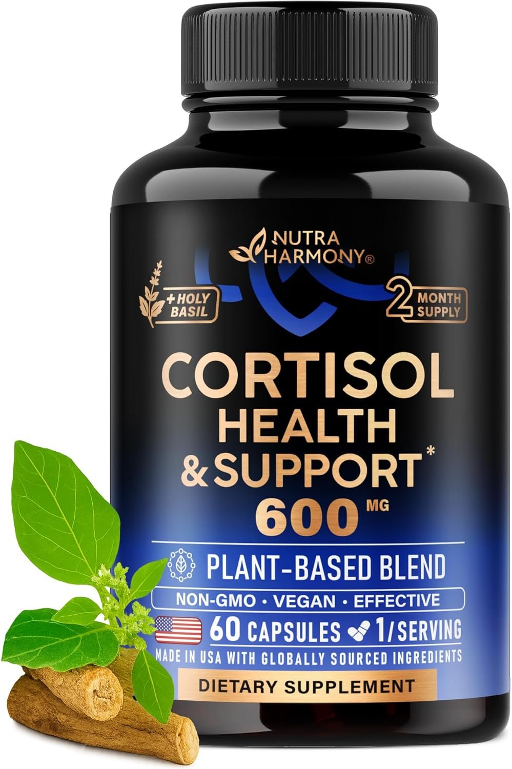 Cortisol Supplement for Women – Holy Basil, Ashwagandha & Rhodiola, 60 Caps