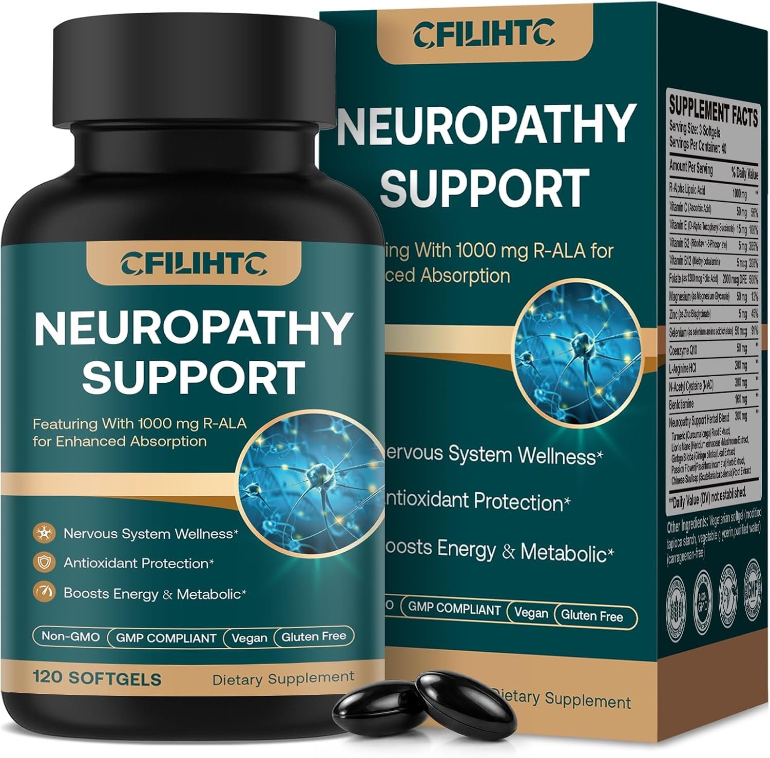 Neuropathy Support Nerve Supplement – Advanced R-Alpha Lipoic Acid Supplement with Benfotiamine, NAC & B-Complex for Nerve Health, Antioxidant & Cellular Energy – Vegan 120 Softgels
