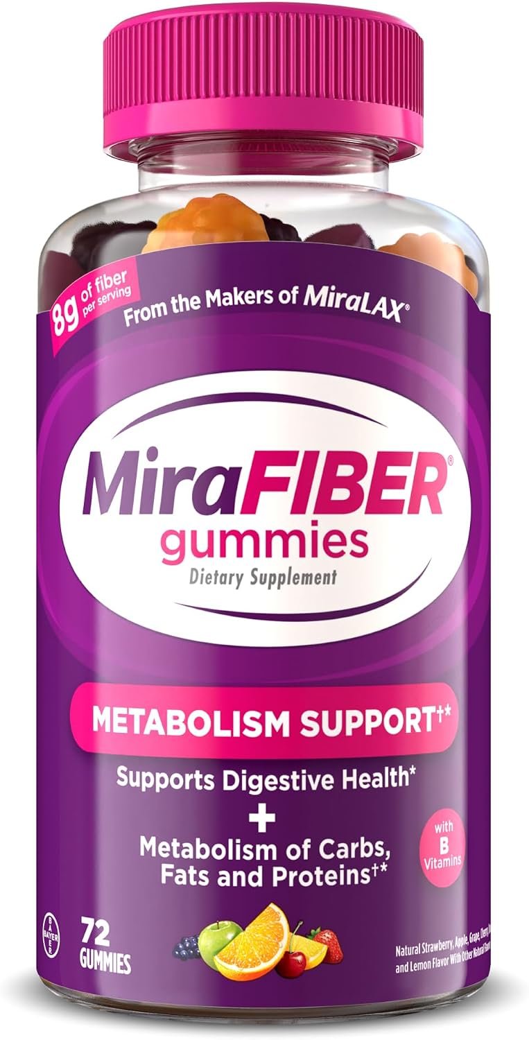 MiraFIBER Gummies, from The Makers of MiraLAX, 8g Per Serving, with B Vitamins, Metabolism Support, Gut Health for Men & Women, Prebiotic Fiber Gummies for Adults, Mixed Fruit Flavor 72Ct