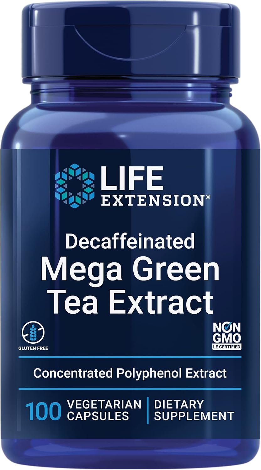 Life Extension Decaffeinated Mega Green Tea Extract – Polyphenol-Rich, Cell Health, Heart Health, Brain Health, Antioxidant Protection – Non-GMO, Gluten-Free, Vegetarian – 100 Capsules