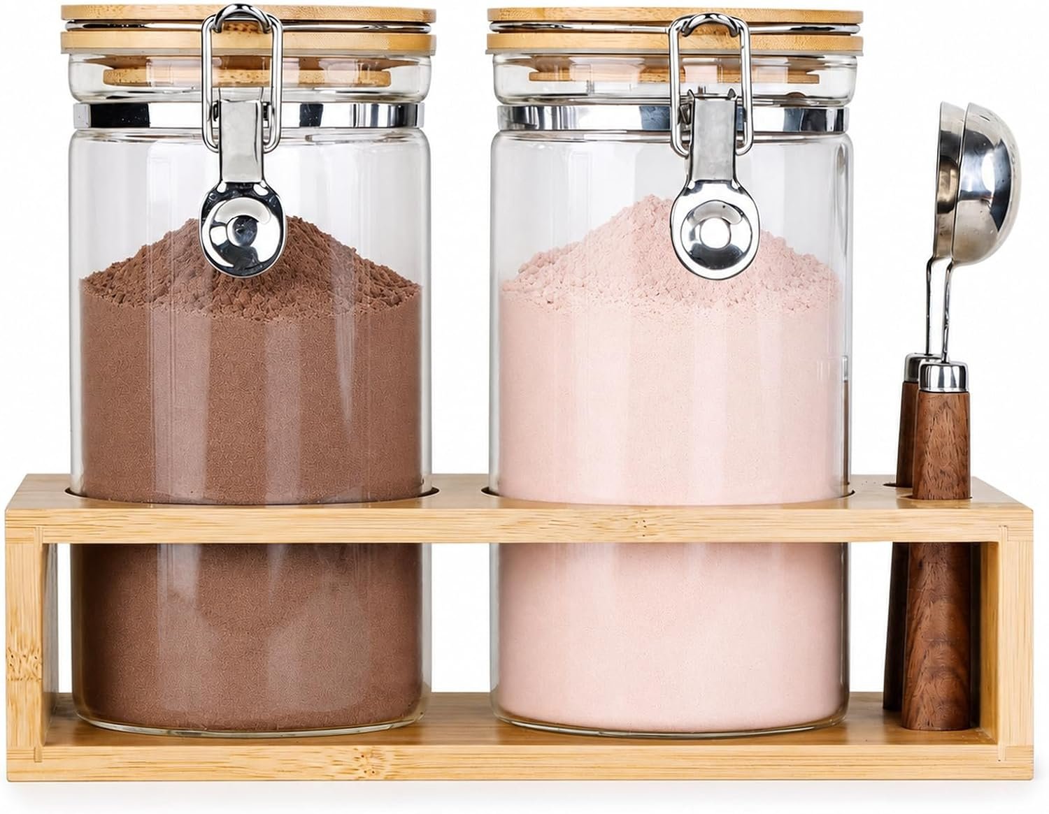 Glass Protein Powder Container Set, 40oz Airtight Collagen Storage Jars with Bamboo Lids & 1 TBSP Measuring Spoons (2 Pack) – Wide Mouth Aesthetic Countertop Dispenser Organizer for Kitchen
