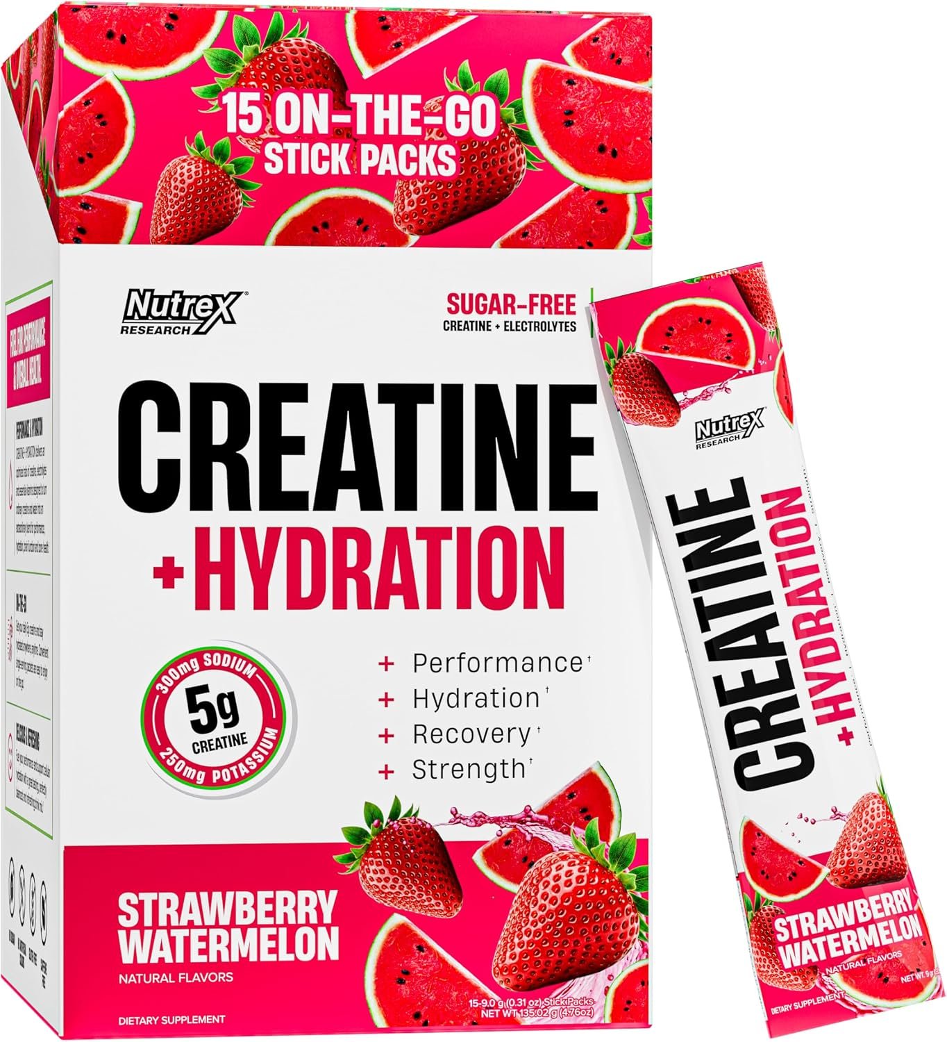 Nutrex Research Essentials Creatine + Hydration Stick Packs, 5g Creatine + Electrolytes, Sugar Free, Gluten Free, Strawberry Watermelon, 15 On-The-Go Stick Packs