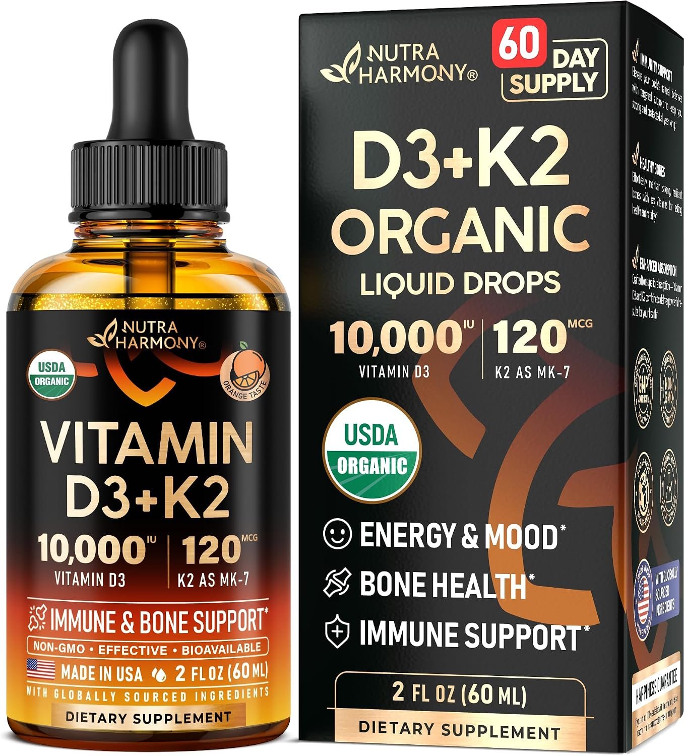 Vitamin D3 K2 USDA Organic Drops – Vitamin D3 10000 IU & K2 120mcg – 2 OZ