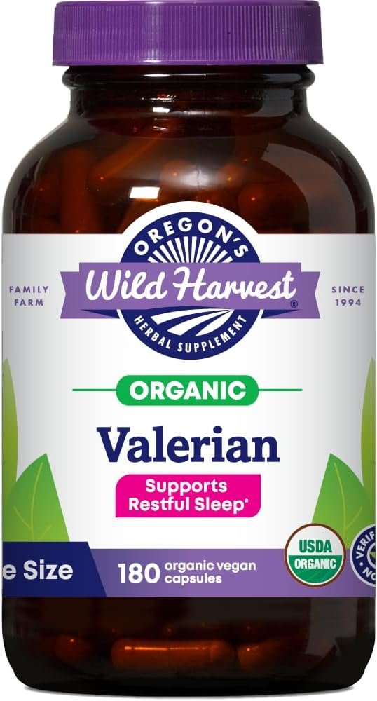 Oregon’s Wild Harvest Non-GMO Organic Valerian Capsules Non Habit Forming Herbal Sleep Aid, Melatonin Free, 180Count