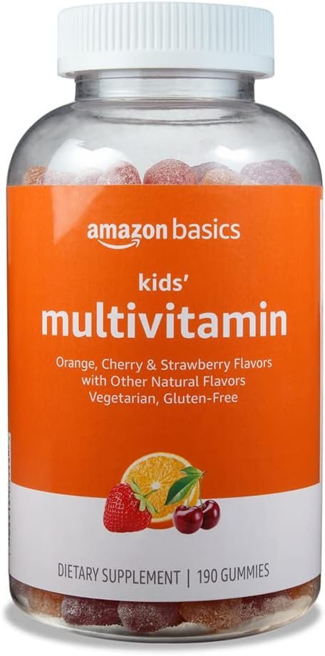 Amazon Basics Kids’ Multivitamin Gummies, Cherry, Strawberry & Orange Flavors, 190 Count (Previously Solimo)